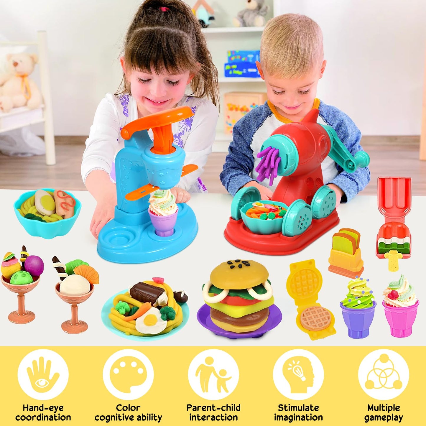 3 in 1 Color Dough Kitchen Creations Set Ice Cream Noodle Hamburger Maker Machine Art Crafts Food Modeling Play Toys Deluxe Tools Kit for Boys Girls Kids Toddlers Ages 3+ (12 Colors Dough)