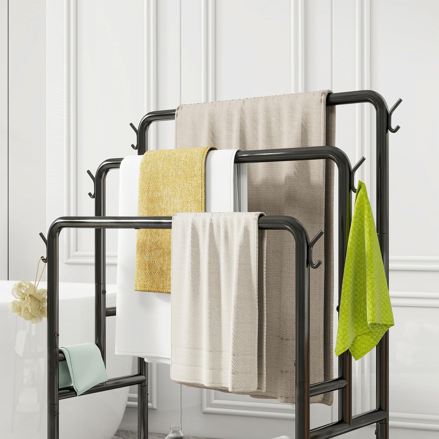 VERFARM Freestanding Towel Rack, 3 Tier Towel Rail Metal Towel Holder Drying Stand with Storage Shelf, Blanket Holder, 6 Hooks, for Bathroom Accessories Organizer, Bath & Hand Towels Storage, Black