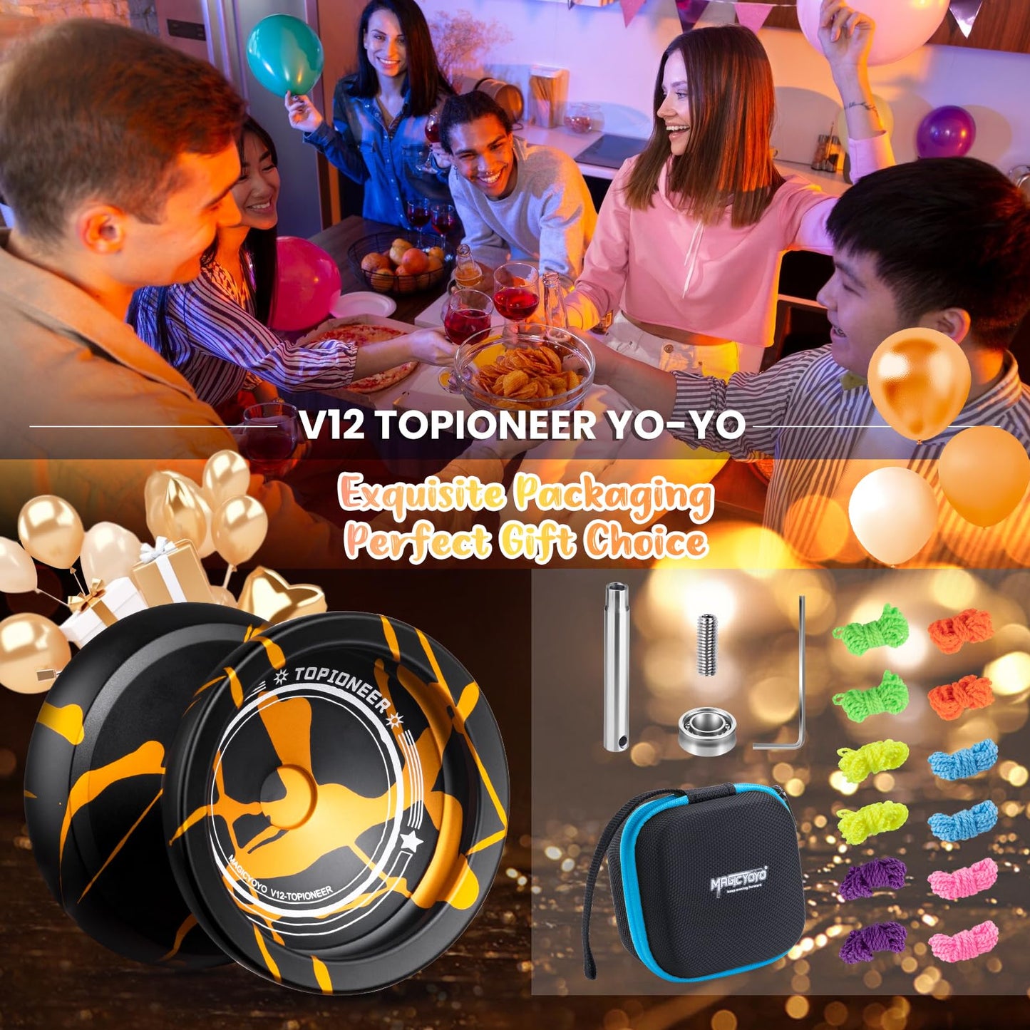 MAGICYOYO V12 Responsive Yoyo for Kids & Beginner, Unresponsive Yo yo for Adults, Professional Yo-yo for Finger Spin Trick with 12 Strings & Yo-Yos Accessory Kit (Black Gold Splash
