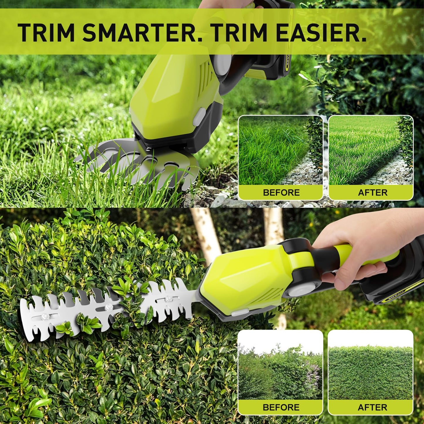 20V Cordless Hedge Trimmer with 2 Batteries, 8.67" Hedge Blade & 5.12" Grass Trimmer, 2-in-1 Lightweight Hedge Trimmer Cordless for Garden,Yard, Lawn Care