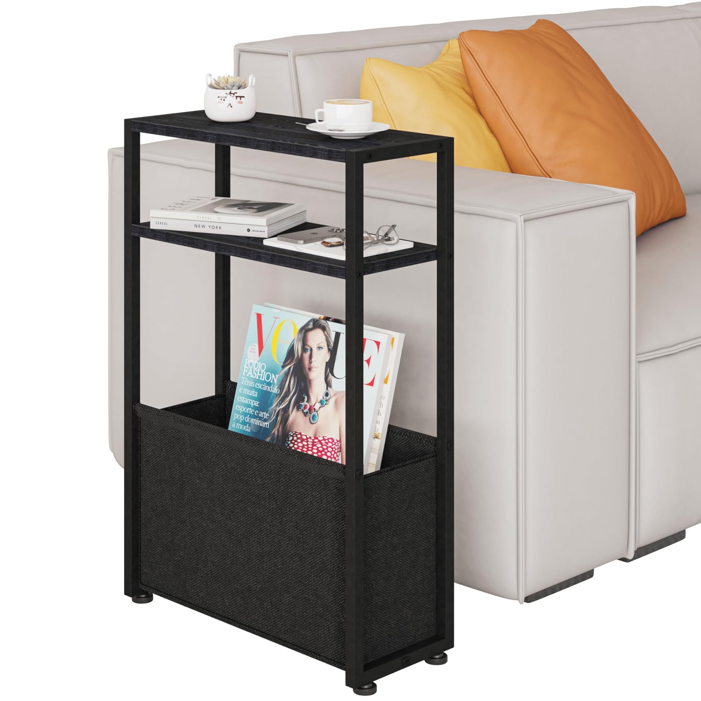 Leomonio Black Slim Side Table with Magazine Rack, Small Space-Friendly, Narrow Bedside Table for Living Room, Bedroom