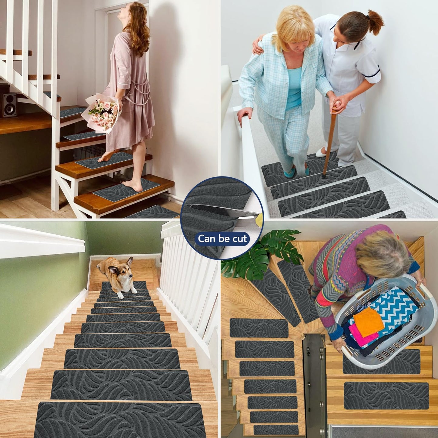 Non-Slip Stair Treads Carpet for Wooden Steps(15 Pack), 21.6 x 7.4IN Self-Adhesive Stair Treads Mat, JAYFAN Safety Indoor Stair Runner Mats, Anti Slip Stair Treads for Kids Elders and Dogs Pets