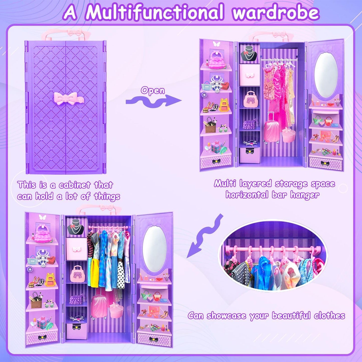 75Pcs Doll Clothes and Accessories with Doll Closet for 11.5 Inch Doll Dress up Set with 1 Doll Fashion Dresses Outfits Tops and Pants Rack Bags Gift Toy for Girls 4 5 6 7 8 9 10 Years