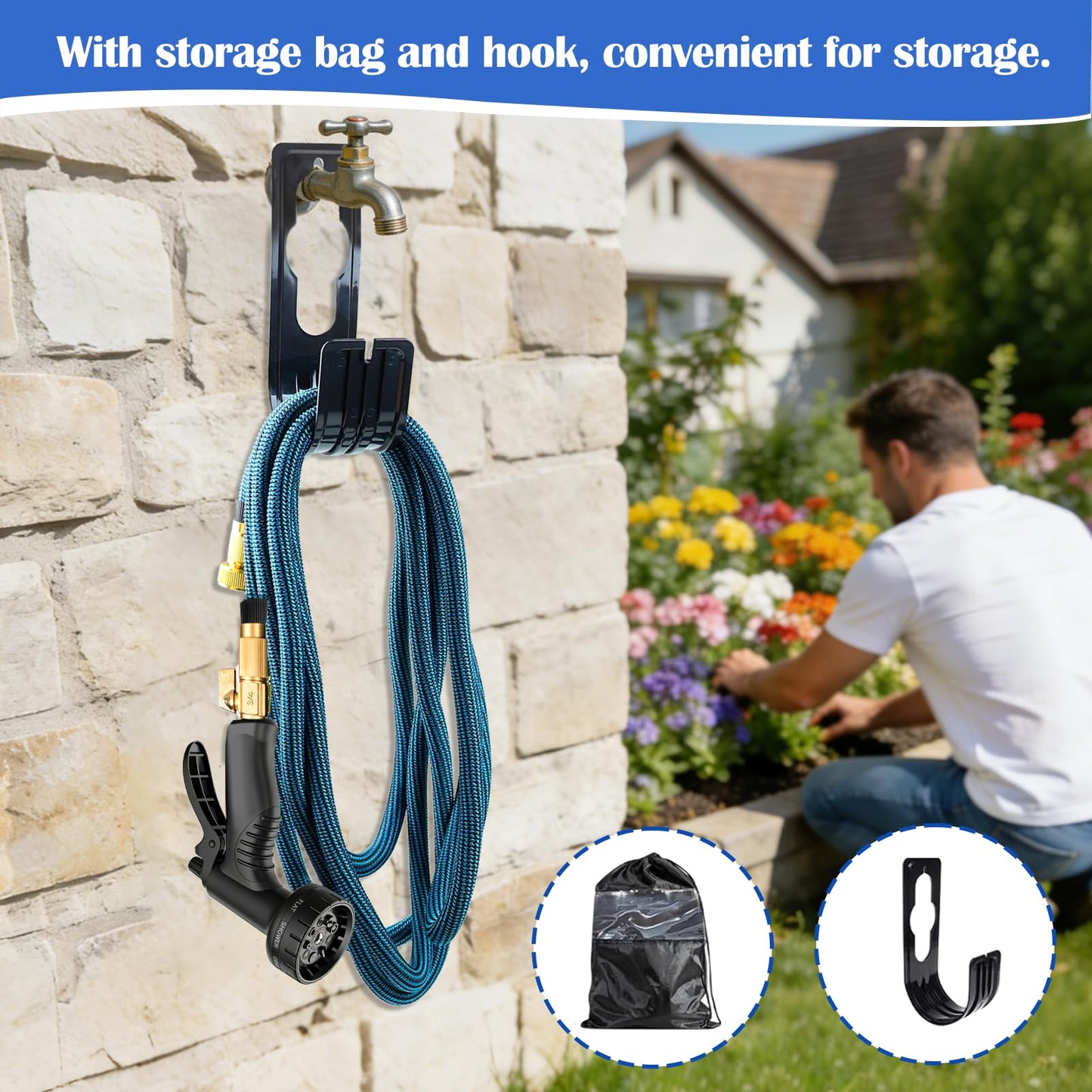 Expandable Garden Hose 100ft Water Hose with 10 Function Nozzle Flexible Expending Hose Kink Free,3-Layers Latex and 3/4 Solid Solid Fittings Retractable Collapsible Gardening Hose Pipe with Hook Blue