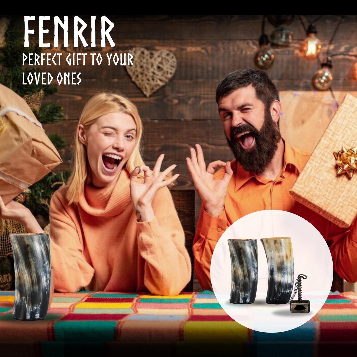 FENRIR Real Horn Beer Glasses with Hammer Opener, Hand Washable Round Beer Glass (Set of 4 Glasses),(6 Inch)