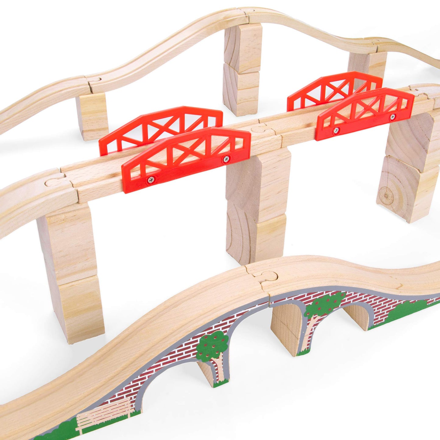 Bridge Bonanza! Deluxe Train Track Set (22 pcs.) | Includes 2 Rail Bridges, 2 Brick Bridges, 6 Ascending Tracks, 12 Risers Wooden Track Pieces | Compatible with Major Brands | Classic Hobby Toy