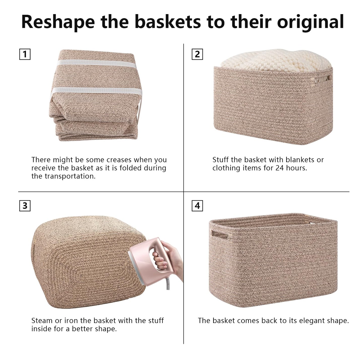 OIAHOMY 4 Pack Storage Baskets for Organizing, Rectangle Cube Storage Bins for Shelves, Woven Baskets With Handles, 12.7''Lx9''Wx7.8''H, Brown,