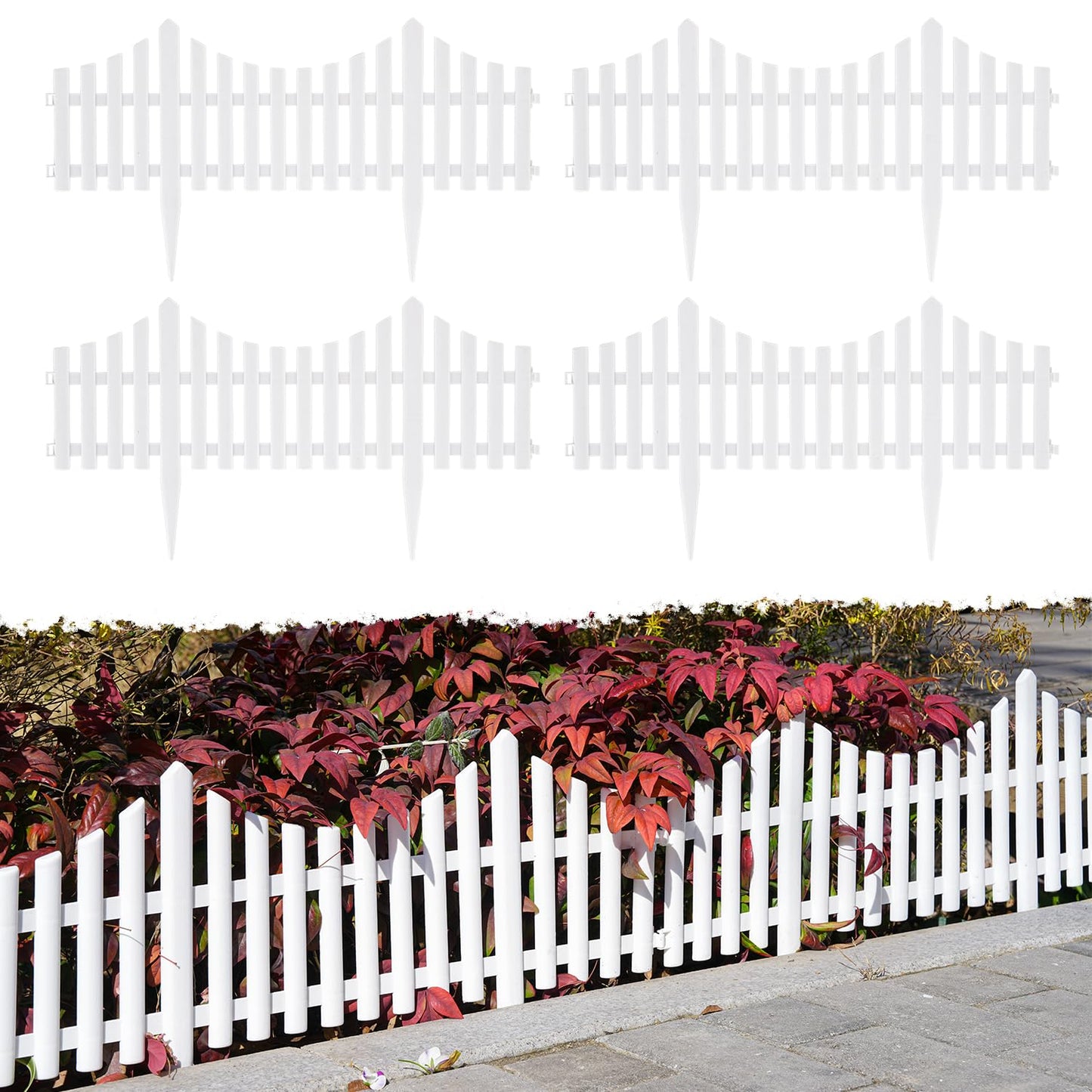 Sungmor Plastic White Edging Garden Picket Fence - Grass Lawn Flowerbed Plant Borders - Decorative Landscape Path Panels - 13in Tall, Pack of 4 (Overall Length 8 ft) - Lightweight & Easy Installation