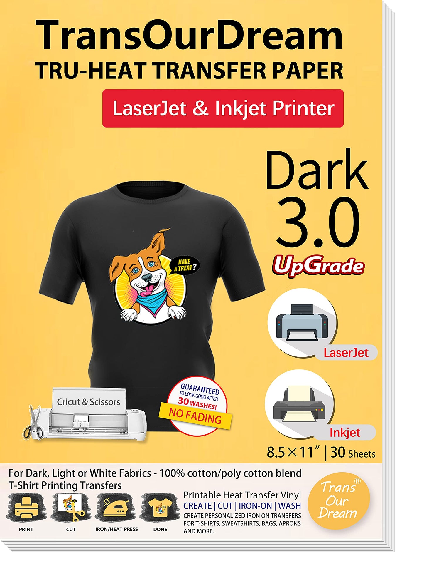 TransOurDream Iron on Heat Transfer Paper for Dark T Shirts (30 Sheets 8.5x11", Dark 3.0) Printable HTV Heat Transfer Vinyl for Inkjet & Laserjet Printer Iron On Transfers for T Shirts (D3-30)