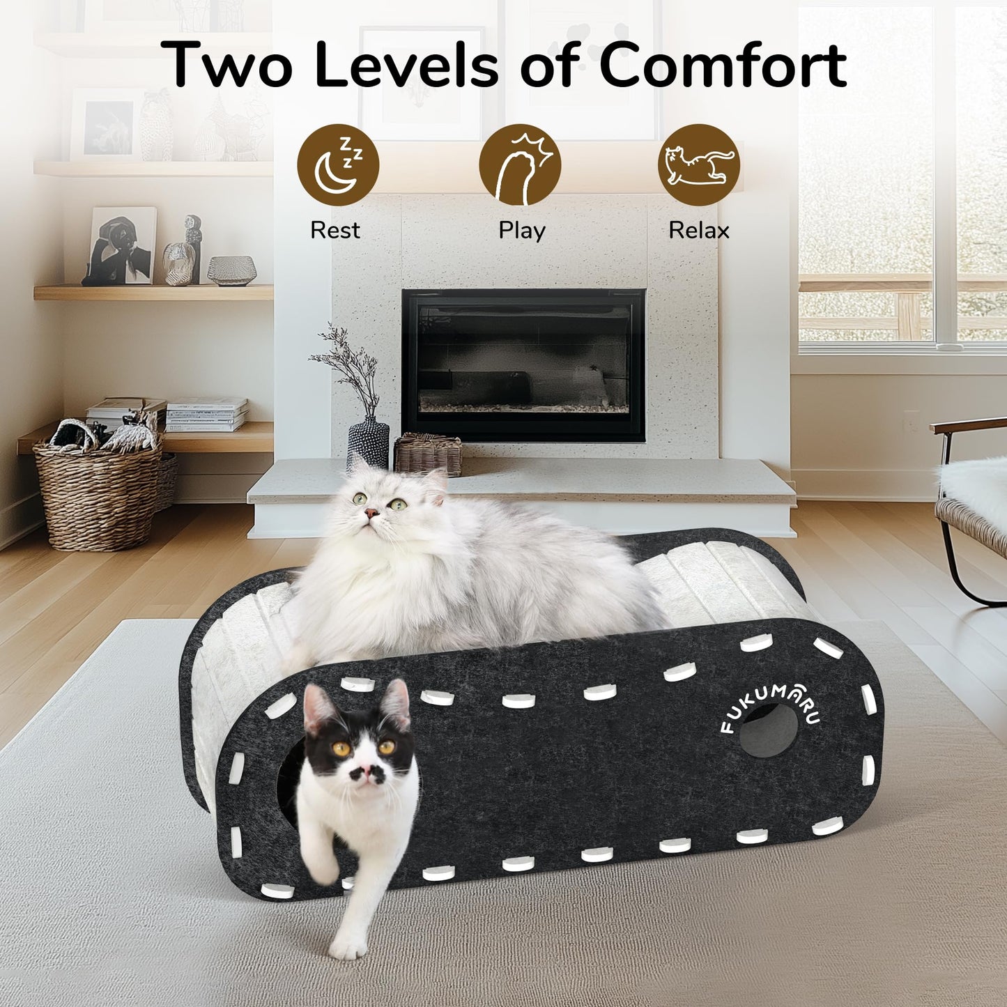 FUKUMARU Cat Beds for Indoor Cats, Large Cat Cave for Multi-Pet Up to 22Lbs, Foldable Cat House with Fluffy Ball Hanging, Scratch Resistant Felt Cat Hideaway, 31.5x11.2x11.6 inches, Black and White