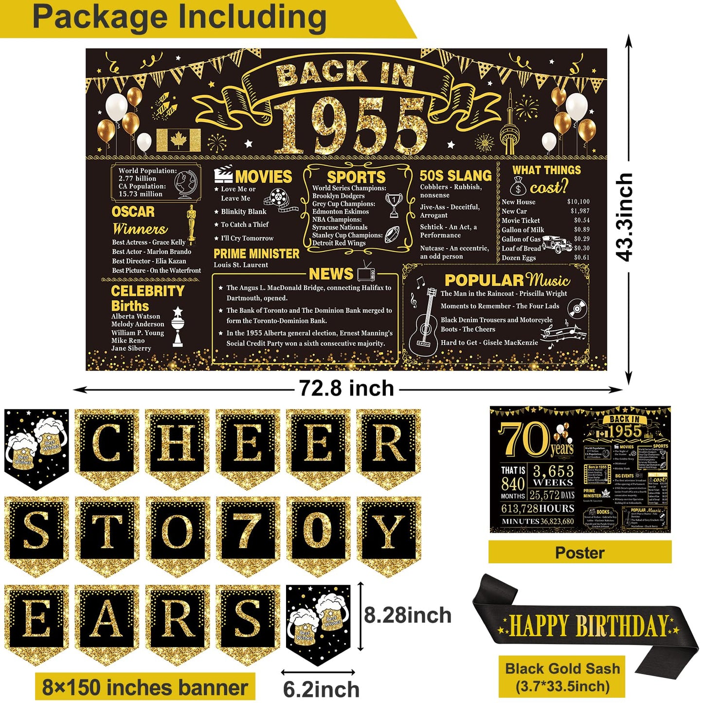 70th Birthday Decorations for Men Women,24PCS 1955 Birthday Decorations,Including 1955 Banner,6 Honeycomb Topper,Balloons,Anniversary Card,Cheers to 70 Years Banner,7 Hanging Swirl,6 Paper Poms,Sash