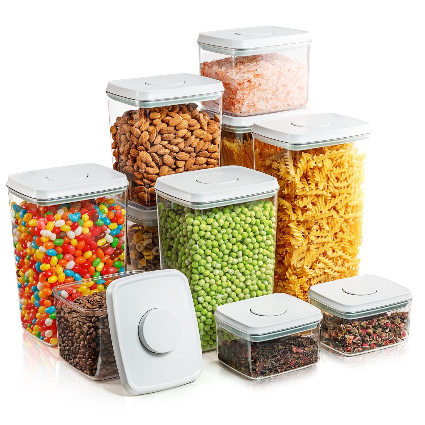 Airtight Food Storage Containers Set, 10-Piece BPA-Free Pop-Top Stackable Pantry Canisters for Cereal, Pasta, Rice, Snacks, Nuts, Beans, Spices, Dry Food Organization
