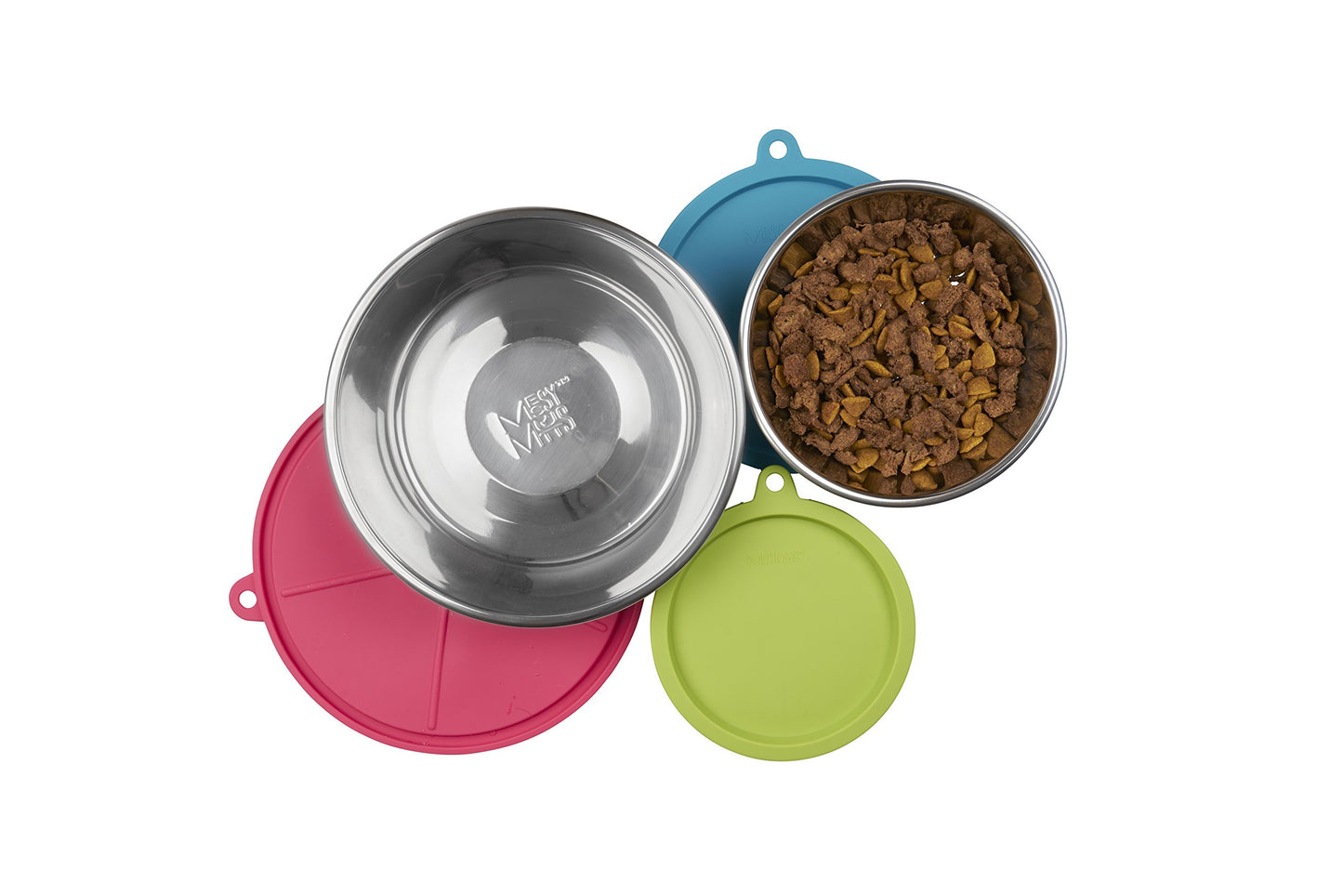 Messy Mutts 6-Piece Set | Three Stainless Steel Bowls and Three Colorful Silicone Lids | Sealable Travel Containers | Portable Food/Water Dishes for Pets | Extra Large, 6 Cups