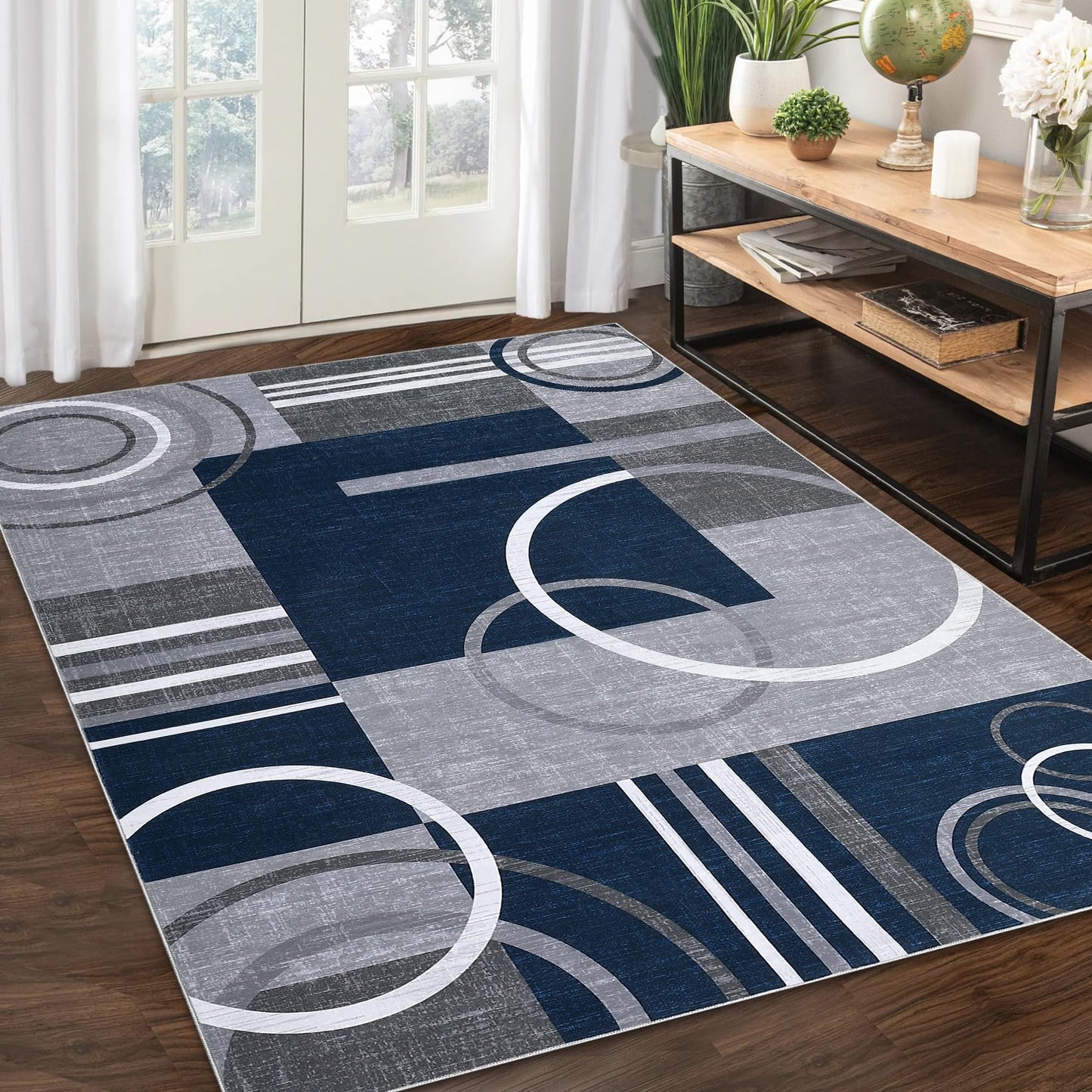 RUGSREAL Washable Rug 5x7 Abstract Circles Area Rug Non Slip Floor Carpet Contemporary Soft Rug Low Pile Accent Rug for Indoor Living Dining Room, Navy