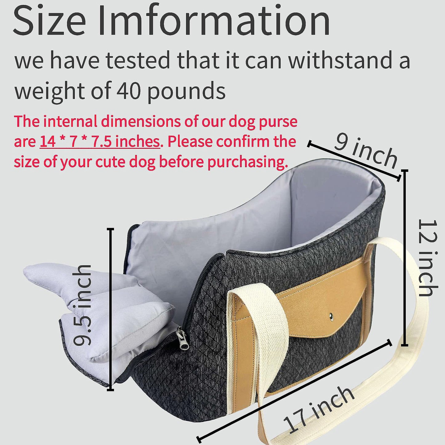 Dog Purse Carrier with Soft Pillows,Dog Tote Bag with Pockets and Secure Harness Clip,17 * 9.5 * 9inches for Small Dogs and Puppies,Outing,Travel,Vet