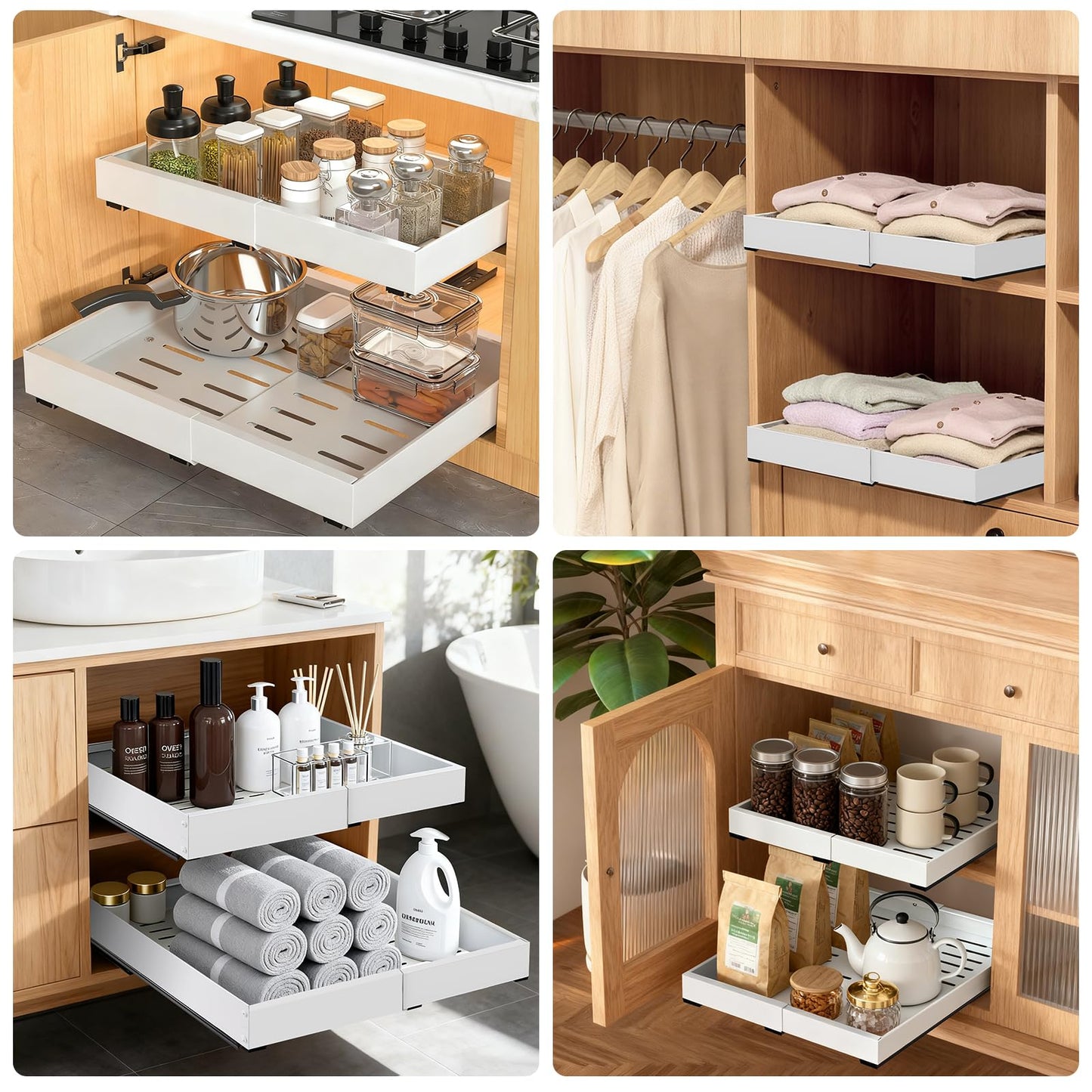 2 Pack Pull out Cabinet Organizer Sliding Shelf, 16.7" Deep, Expandable(12.2"-21.3") Slide Out Drawers for Kitchen 0rganizers and Storage, Heavy Duty with Adhesive Nano Film Or Screw,Roll Out Drawers