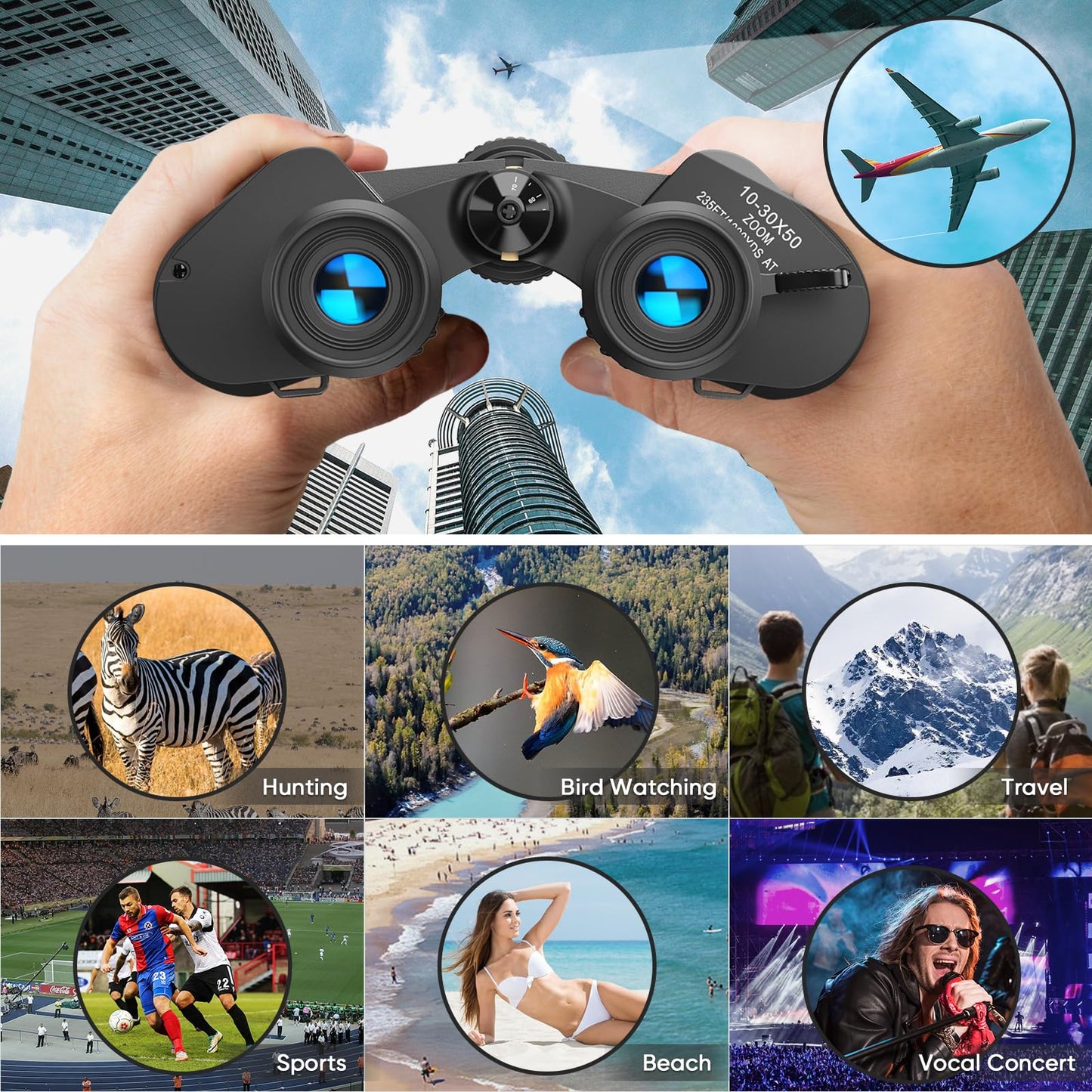 10-30x50 High Power Military Zoom Binoculars for Adults, Low Light Night Vision/Daily Waterproof / BAK7 Prism/FMC Lens, HD Professional Binoculars for Bird Watching, Hunting, Outdoor, Hiking.