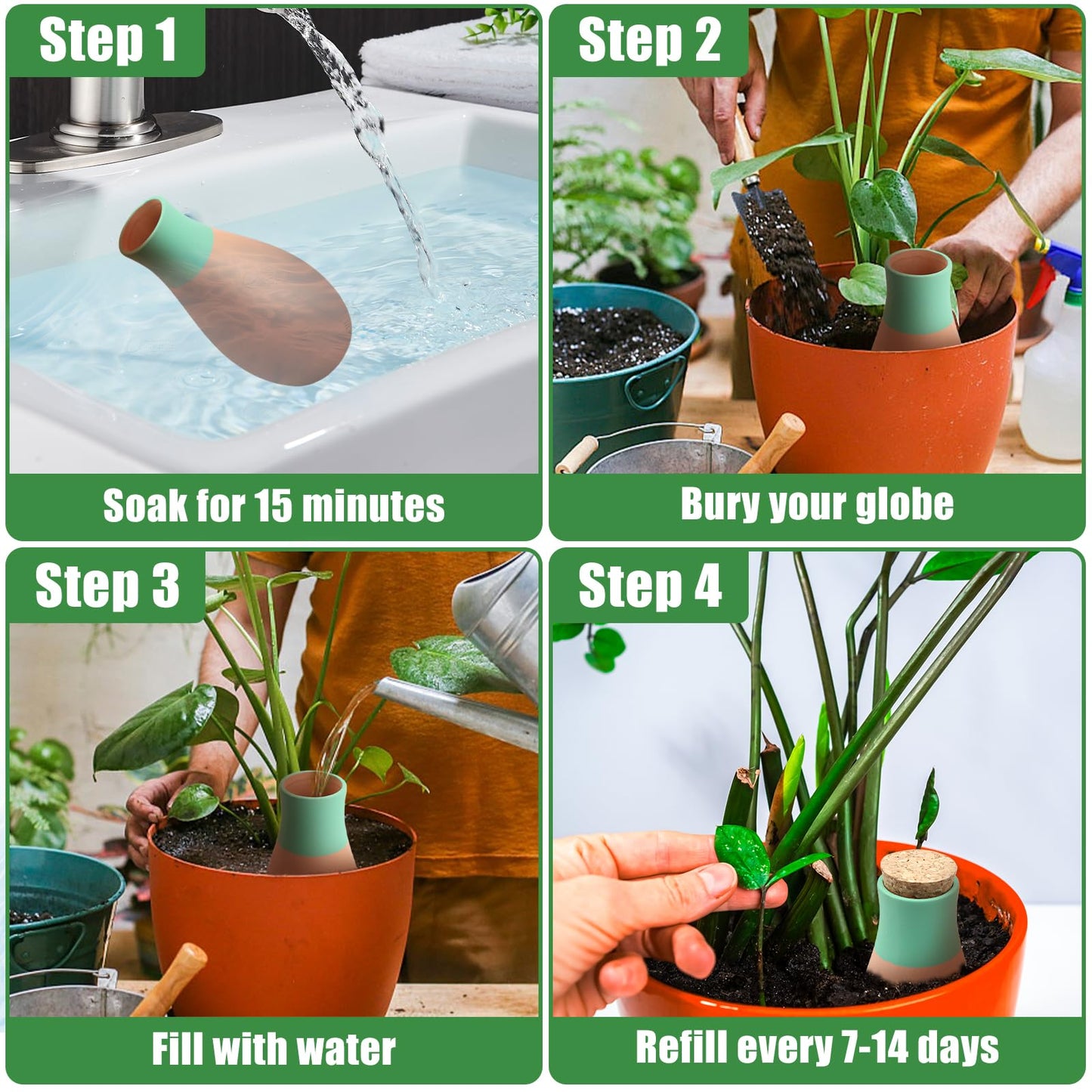 4 Pack Terracotta Watering Spikes, Ollas Self Watering Globes, Slow Release Self Watering Planter Insert, Plant Watering Globes for Indoor and Outdoor Plants