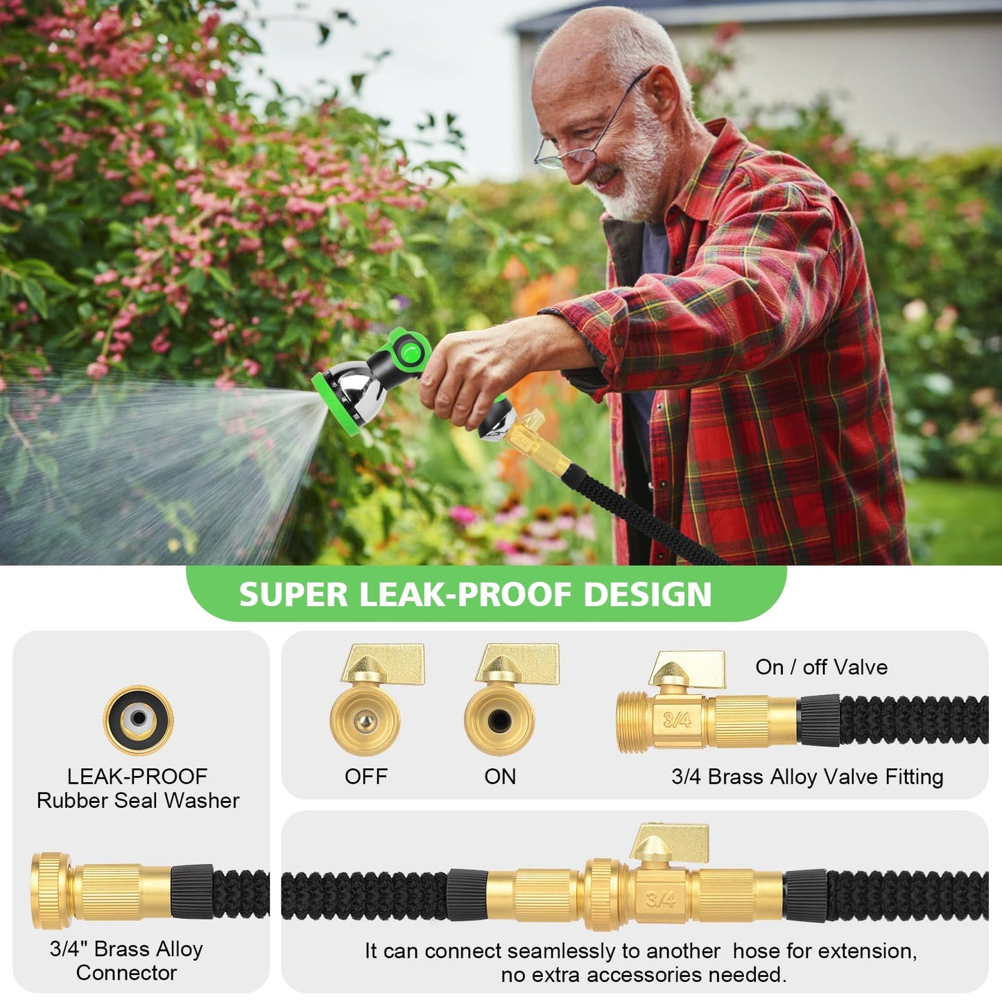 Expandable Garden Hose 100ft, Flexible Garden Hose with 10 Function Nozzle Multifunctional Watering Hose with Brass Connector Lightweight Retractable Long Hose Pipe with Hook and Storage Bag