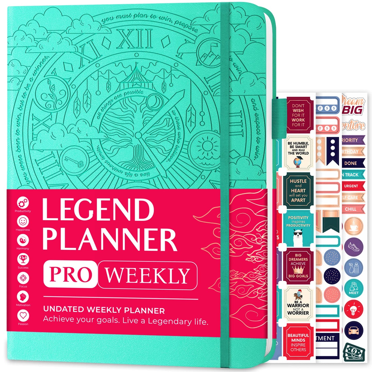 Legend Planner PRO – Deluxe Weekly & Monthly Life Planner to Increase Productivity and Hit Your Goals. Time Management Organizer Notebook – Undated – 7 x 10" Hardcover + Stickers – Aquamarine