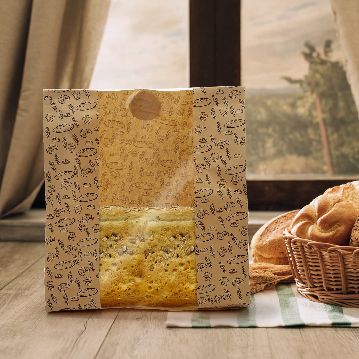 Hacaroa 100 Pack Paper Bread Bags with Clear Window, 10.8"x10"x4" Kraft Bakery Bags with 100 Stickers, Brown Toast Packaging Bags for Homemade Bread, Cookie