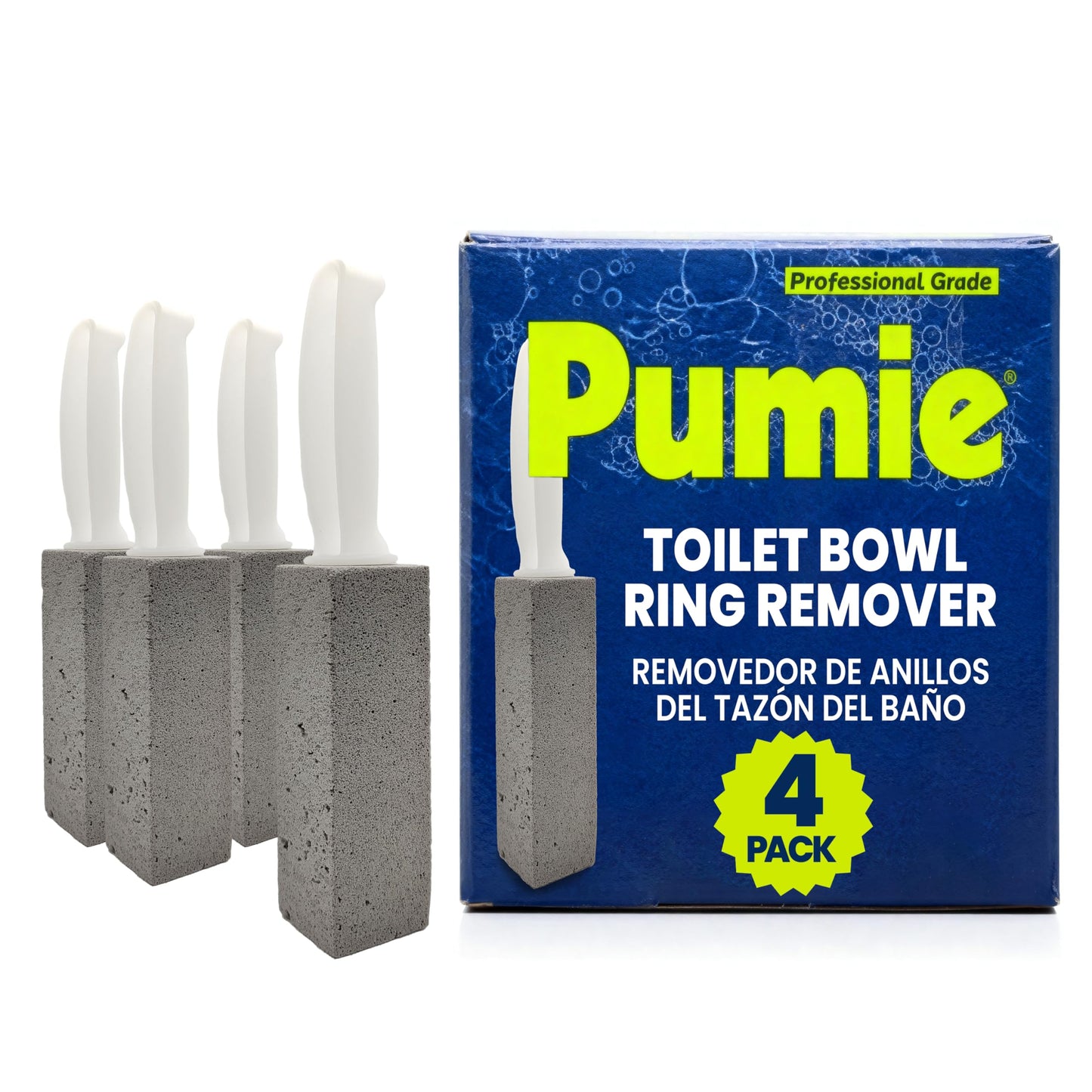 PUMIE Pumice Stone Toilet Bowl Cleaner (4-Pack) - Toilet Pumice Stone with Handle - Heavy Duty Scouring Stick for Rings, Bowls, Hard Water Stains, Lime, Rust, Sink - Includes Handle for Easy Use