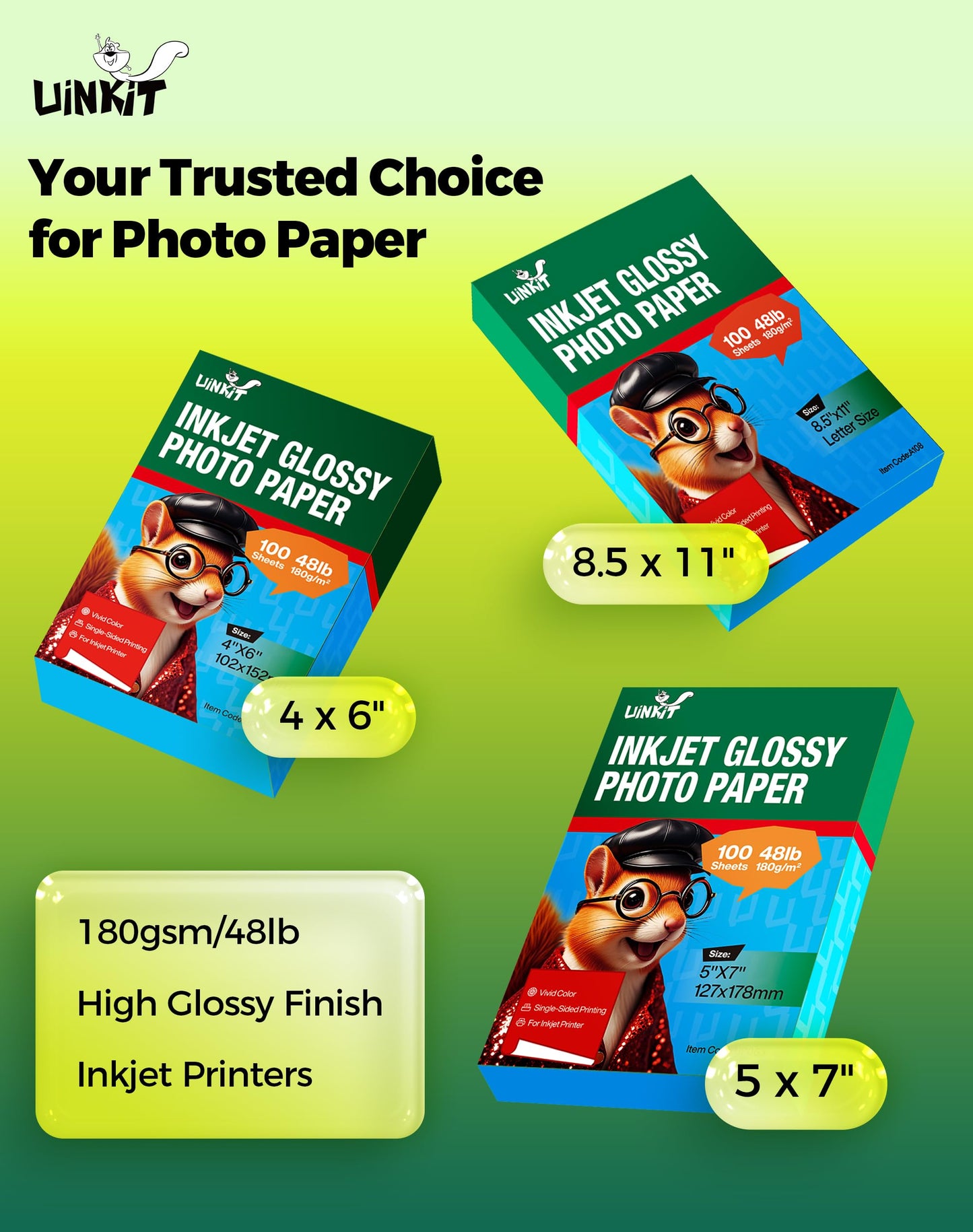 Uinkit Glossy Inkjet Photo Paper 8.5x11 Inches 200 Sheets 48lb Dye Ink 180Gsm Professional Photographic Paper Letter Size 8.5mil Instant Dry Suitable for All Dye Ink Printers (8.5"x11"x200Sheets)
