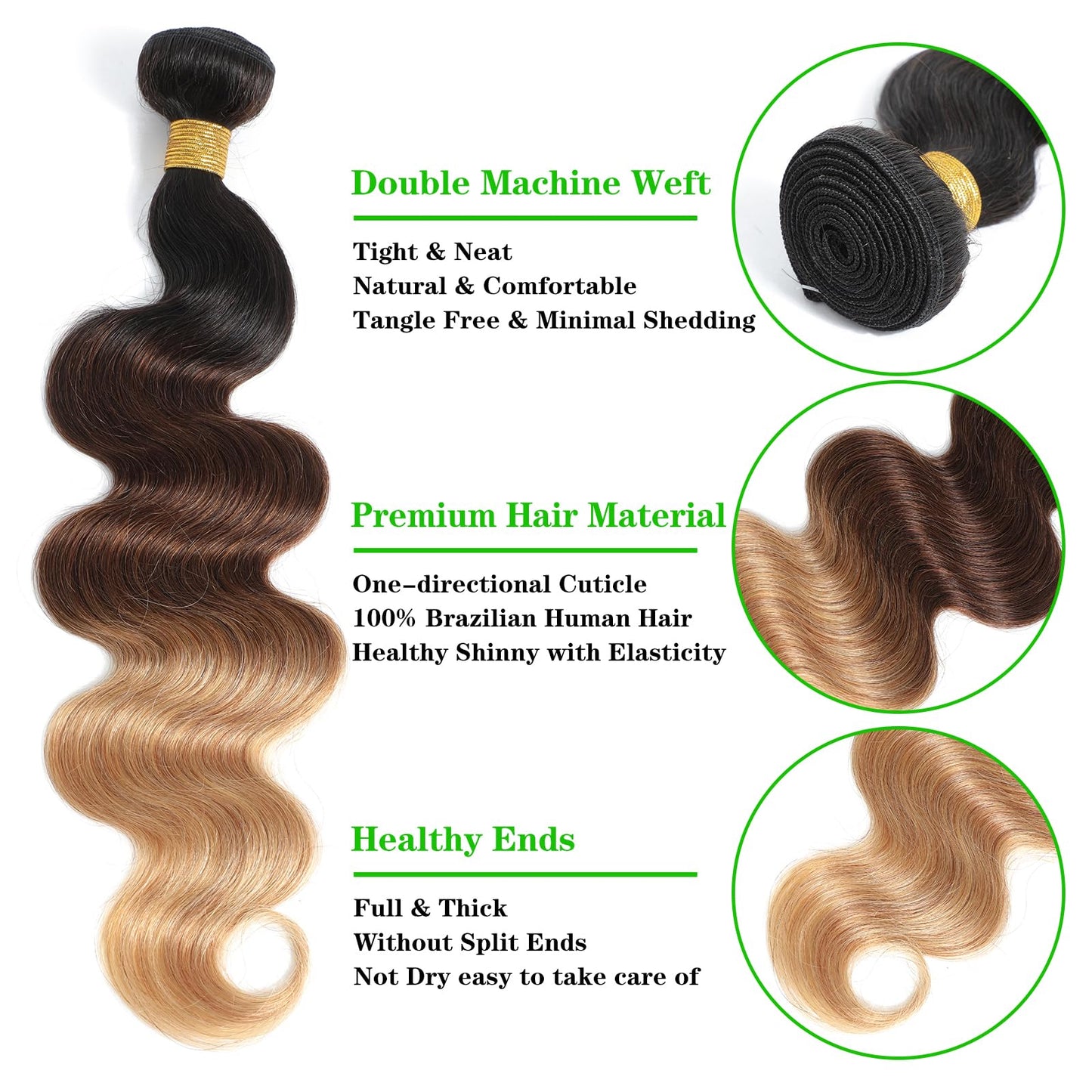 Kapelli Hair 10A Ombre Human Hair Bundles Ombre Brazilian Hair Body Wave (T1B/4/27,14" 16" 18") Ombre Brazilian Human Hair 100% Unprocessed Virgin Remy Hair Bundles 3 Tone Black to Blonde Human Hair Weave