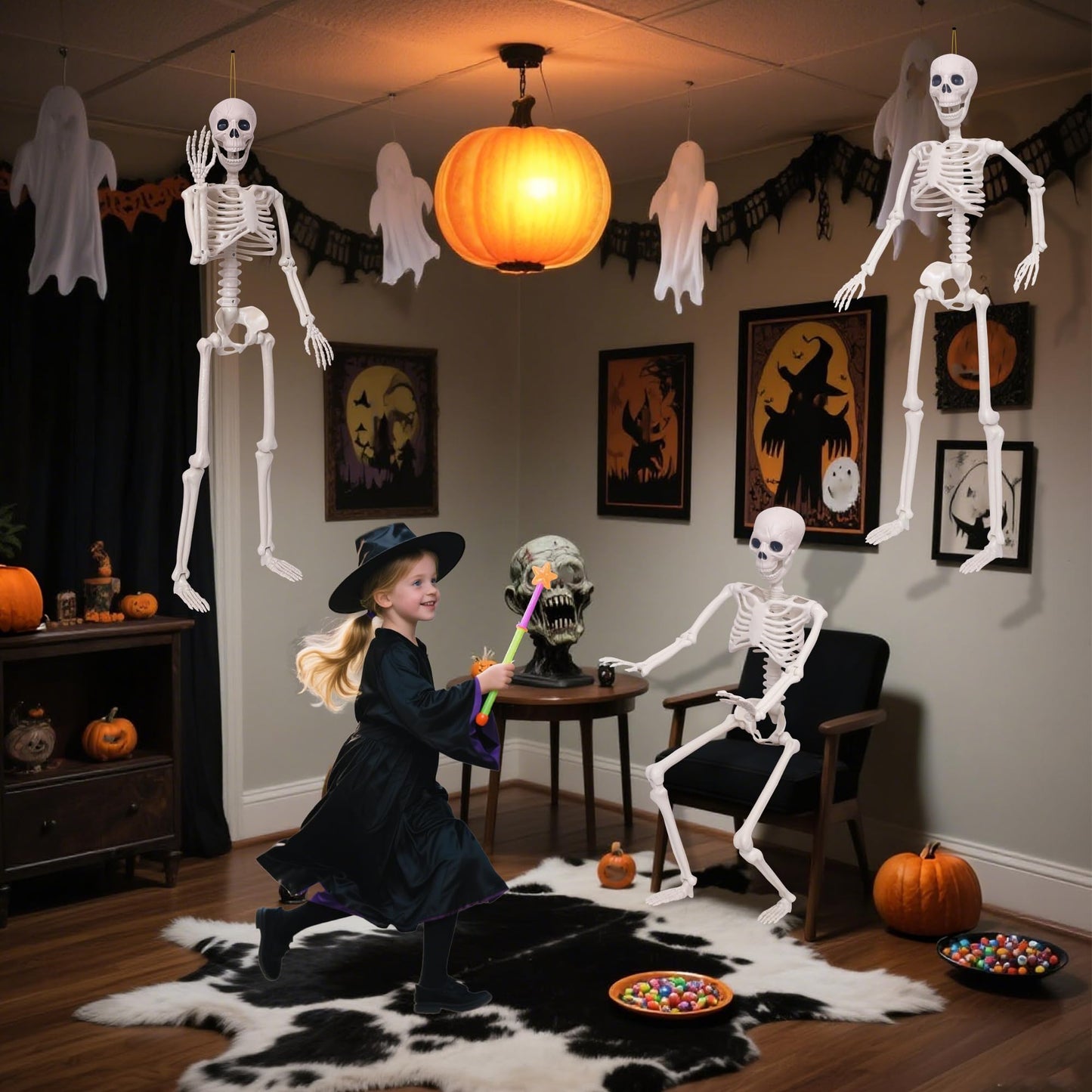 2Pcs Halloween Skeleton Decor,3Ft Life Size Skeleton with Movable Joint for Halloween Decorations