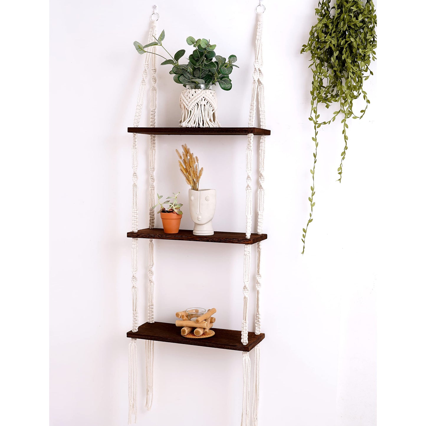Easever Hanging Shelves, 3-Tier Rustic Plant Shelves, Macrame Wall Hanging Storage, Boho Room Decor for Apartment, Bathroom, Living Room, Bedroom