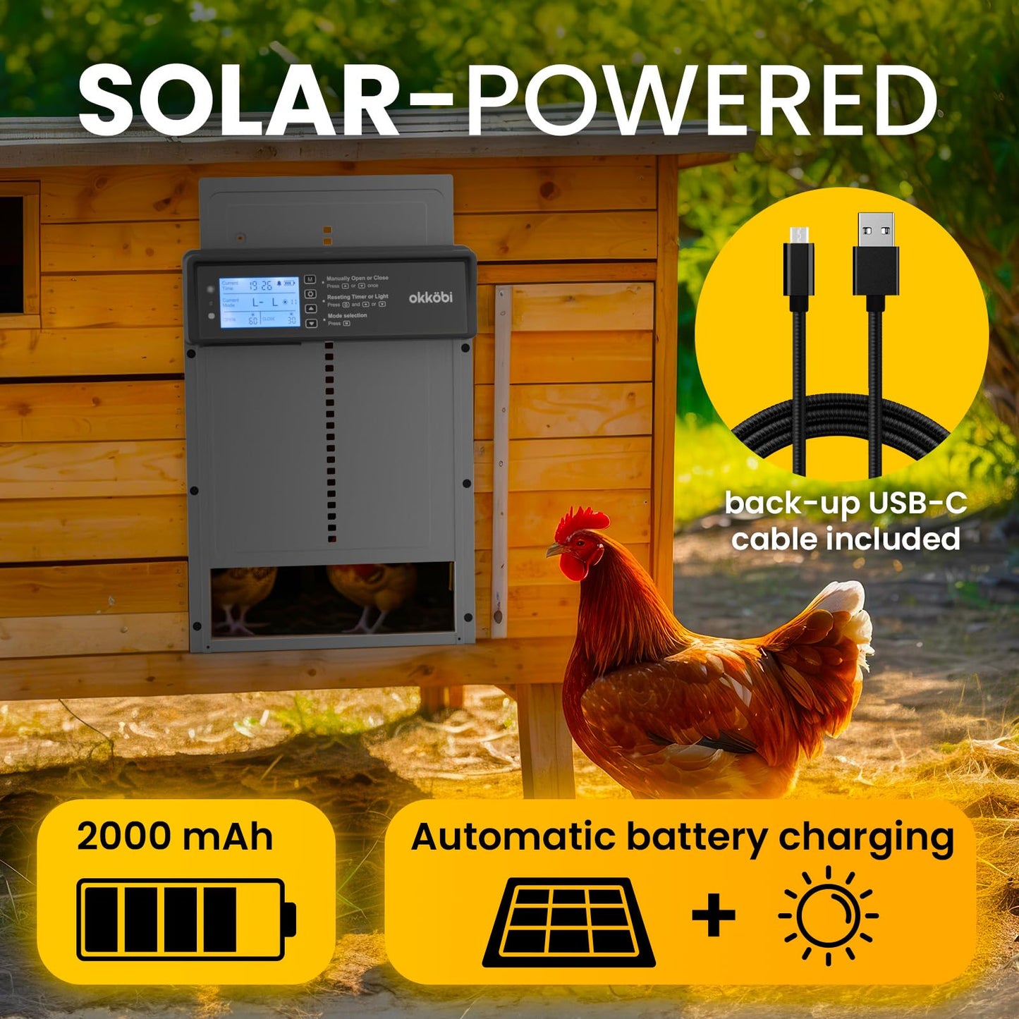 Okkobi Automatic Chicken Coop Door Solar Powered - LCD Display - Chicken Coop Door with Remote Control, Light Sensor & Timer - Security & Peace of Mind: Anti-Pinch Function - 5-Year Protection - Grey