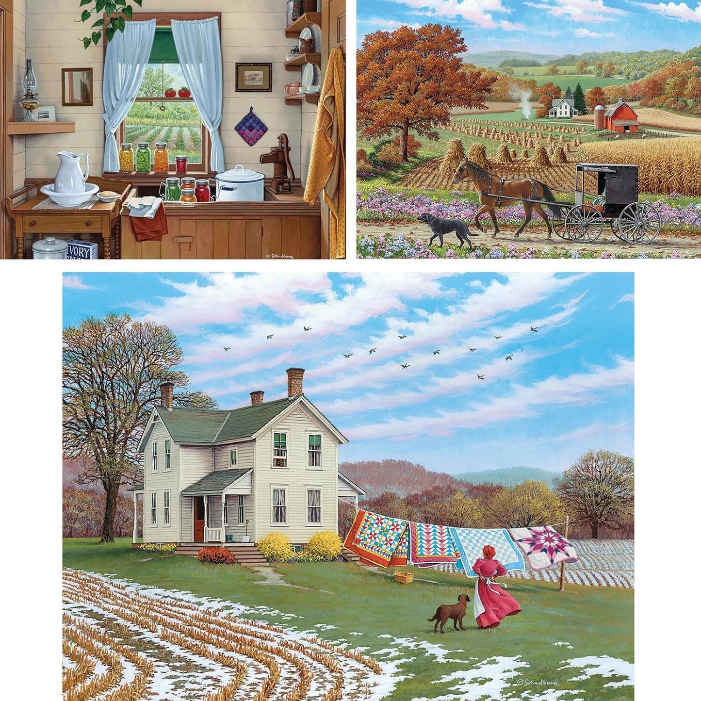 Bits and Pieces - Value Set of Three (3) - 300 Piece Jigsaw Puzzles for Adults - Large Piece 300 pc Classic Country Farm Jigsaws Bundle by Artist John Sloane - 18" x 24" (46cm x 61cm)