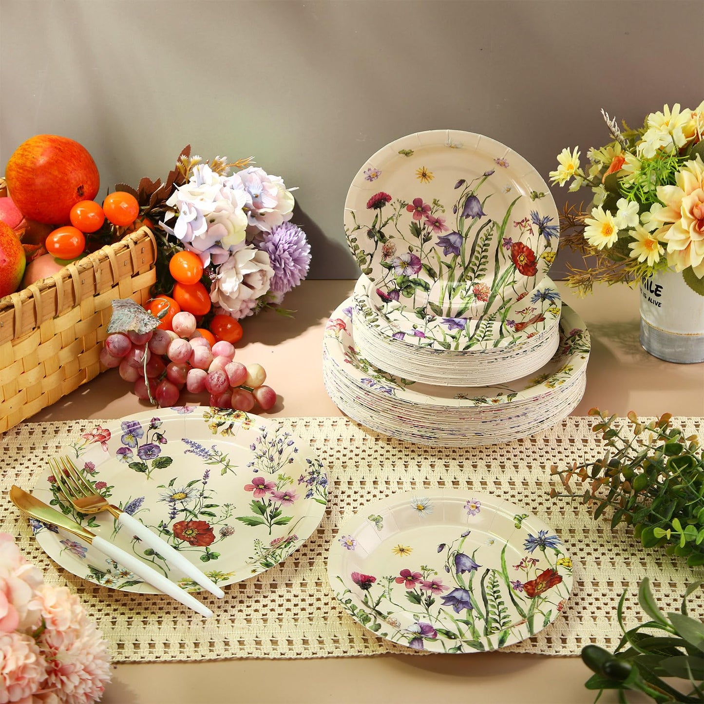 Mumufy 100 Pack Floral Paper Plates 9 & 7 Disposable Wildflower Dessert Plates Dinner Tableware Floral Party Decoration for Easter Garden Spring Tea Party Baby Shower Wedding Birthday Supplies