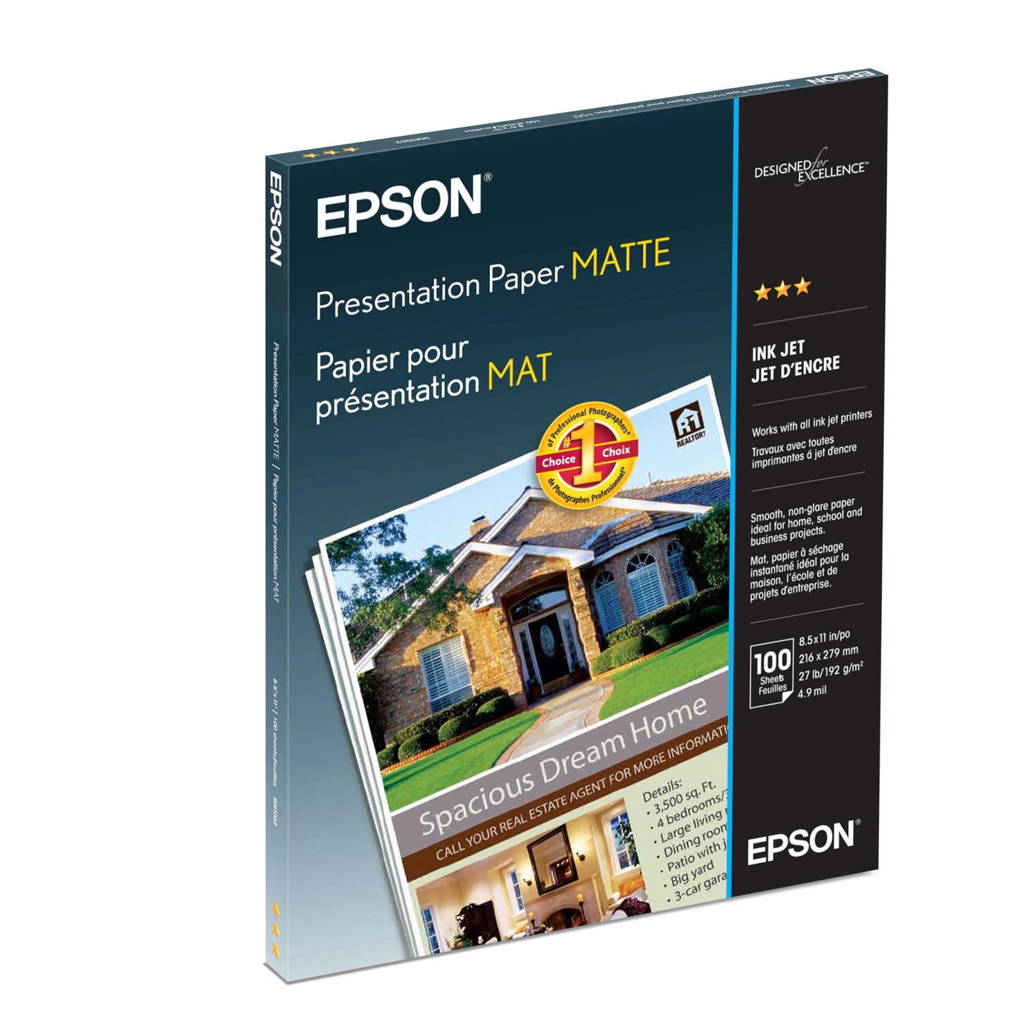 Epson Matte Presentation Paper, 27 lbs., 8-1/2 x 11, Pack of 100 Sheets, (S041062), White