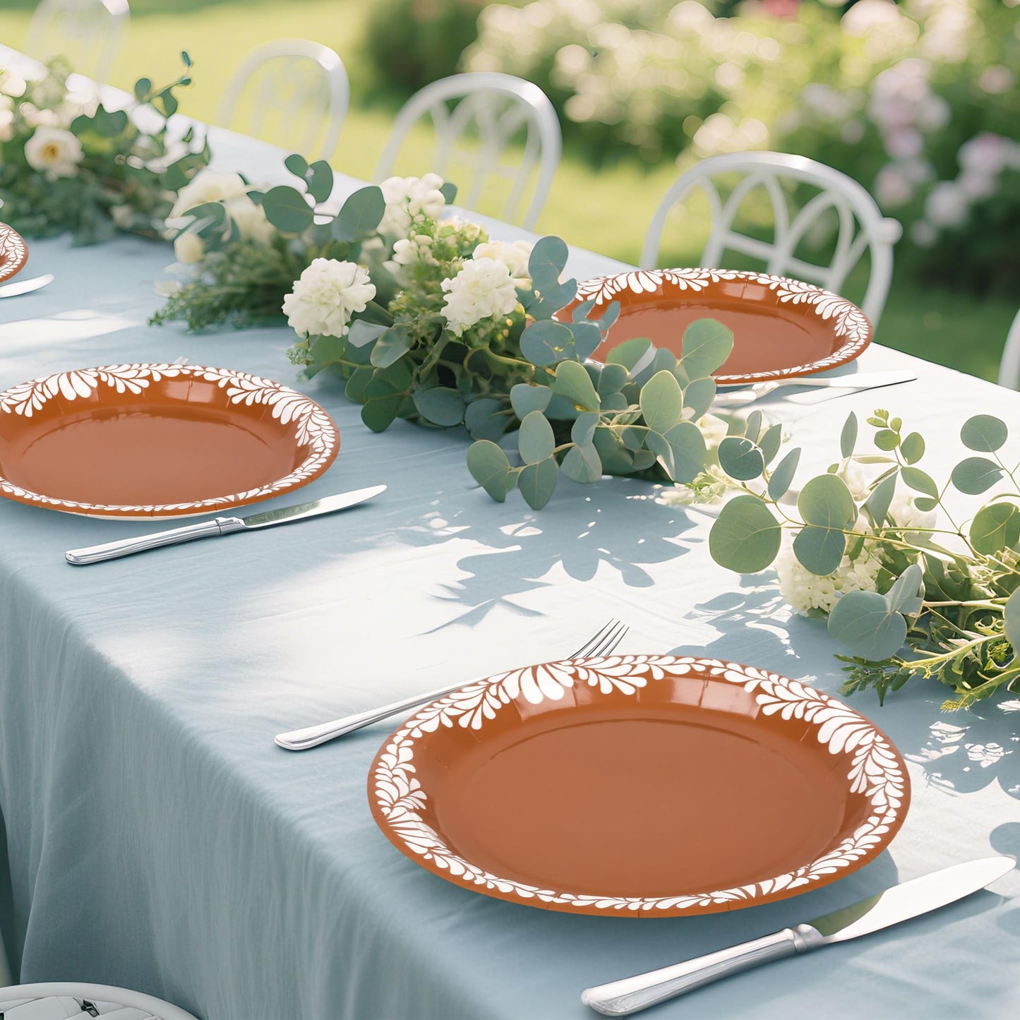Houuqe 120 PCS Platos De Barro Mexicanos Mexican Paper Plates Baby Shower Cielito Lindo Party Decoration- 9 Inch Mexican Terracotta Flower Clay Pottery Paper Plates for Cinco De Mayo Wedding Birthday