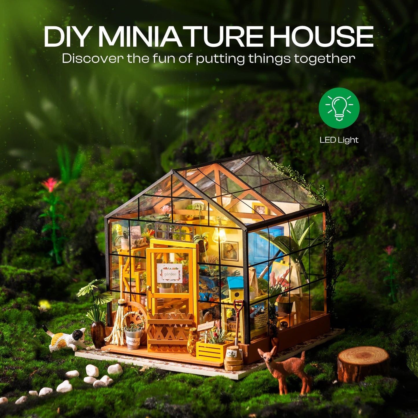 ROBOTIME DIY Dollhouse Wooden Miniature Furniture Kit Mini Green House with LED Best Birthday Gifts for Boys & Girls