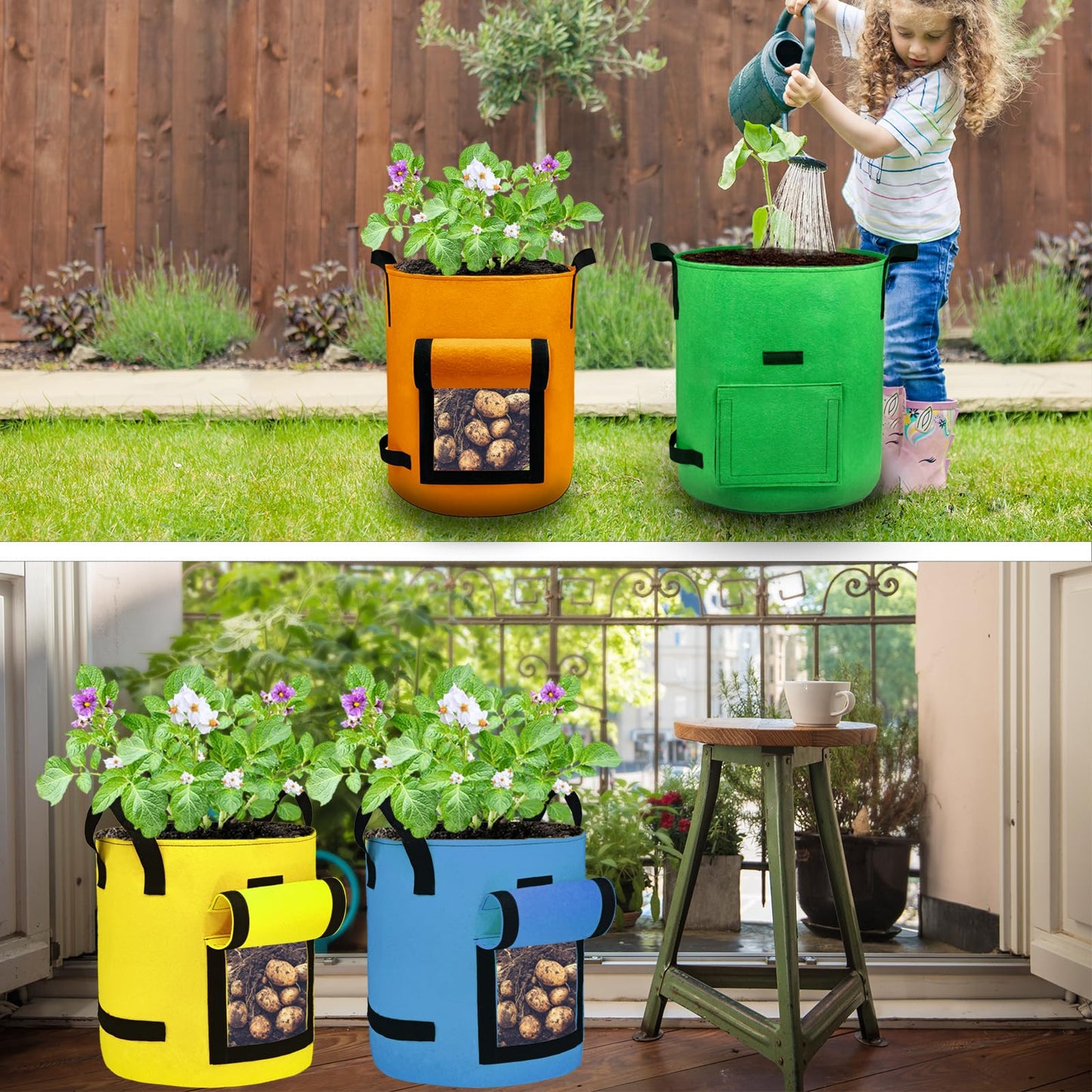 4Packs Colorful Potato Grow Bags, 15Gallon Heavy Duty Potato Bags for Growing Potatoes, Fabric Potato Planter