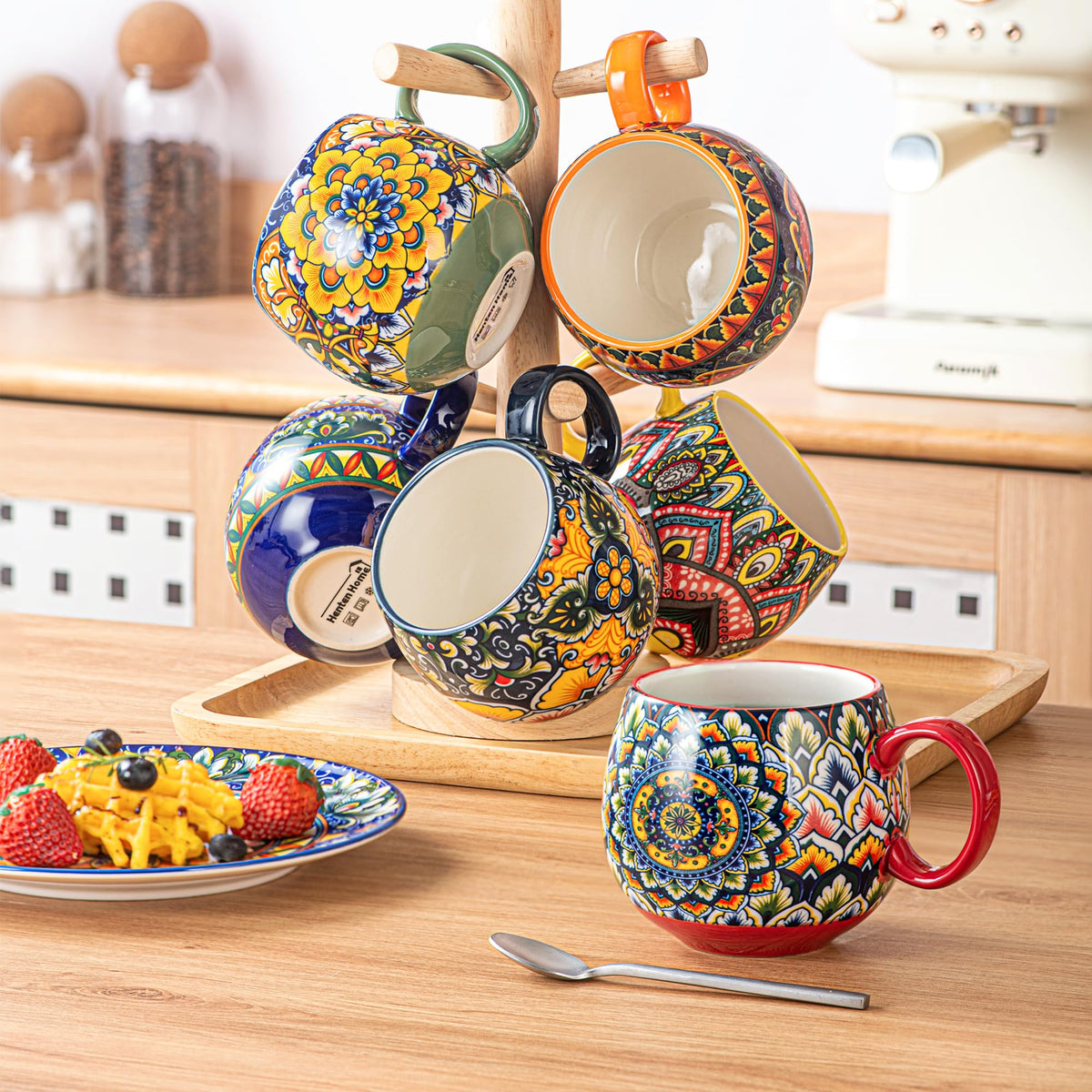 Henten Home Porcelain Latte Mug Set of 6, 20 oz Colorful Coffee Cup with Handle, Boho Ceramci Mug for Cappuccino, Milk, Tea, Hot Chocolate, Cocoa, Microwave & Dishwasher Safe
