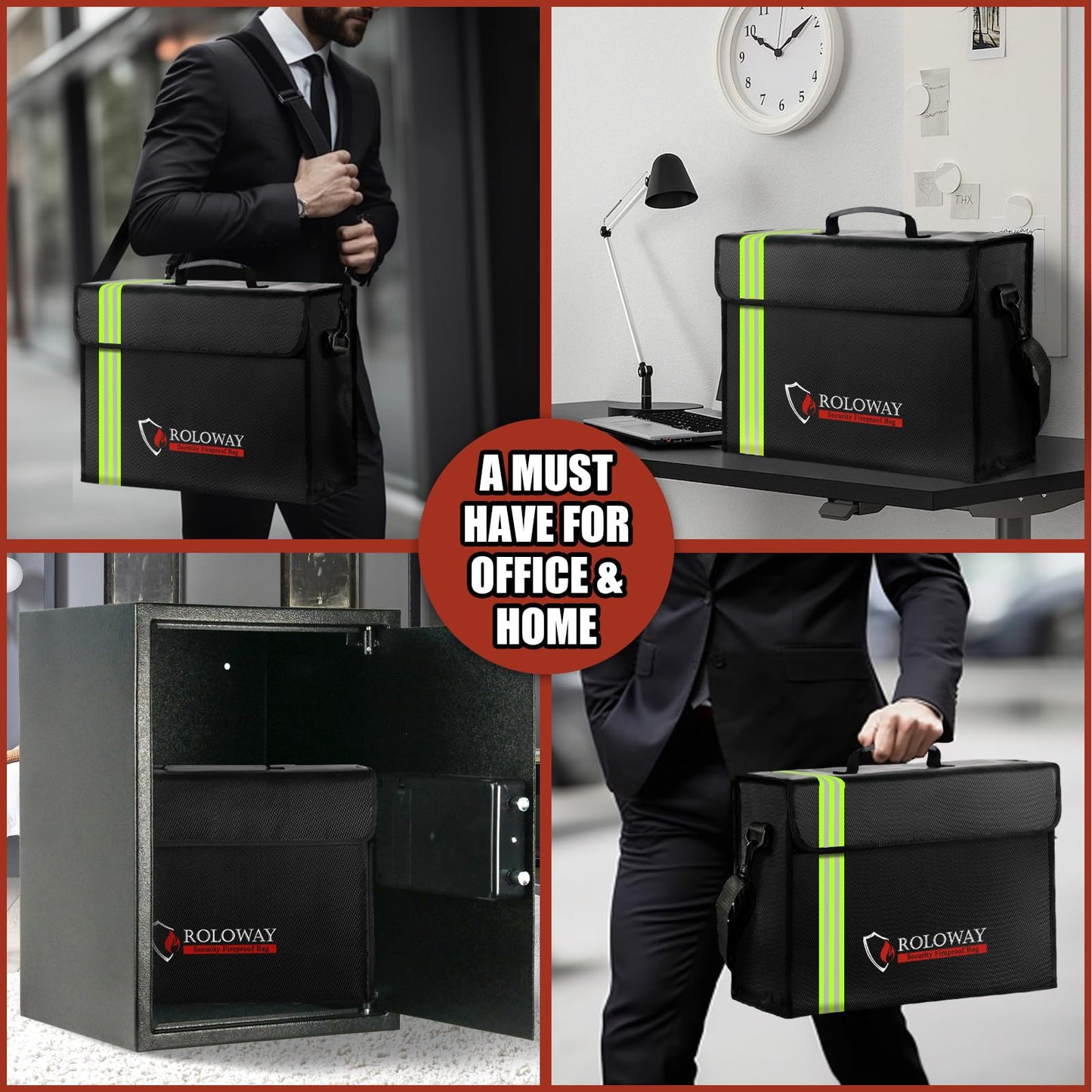 ROLOWAY Large Fireproof Document Bag 5200°F Heat Insulated, Reflective Strip, Fireproof Money Bag, Lockable Zipper, Black, 17 x 12 x 5.8 inches