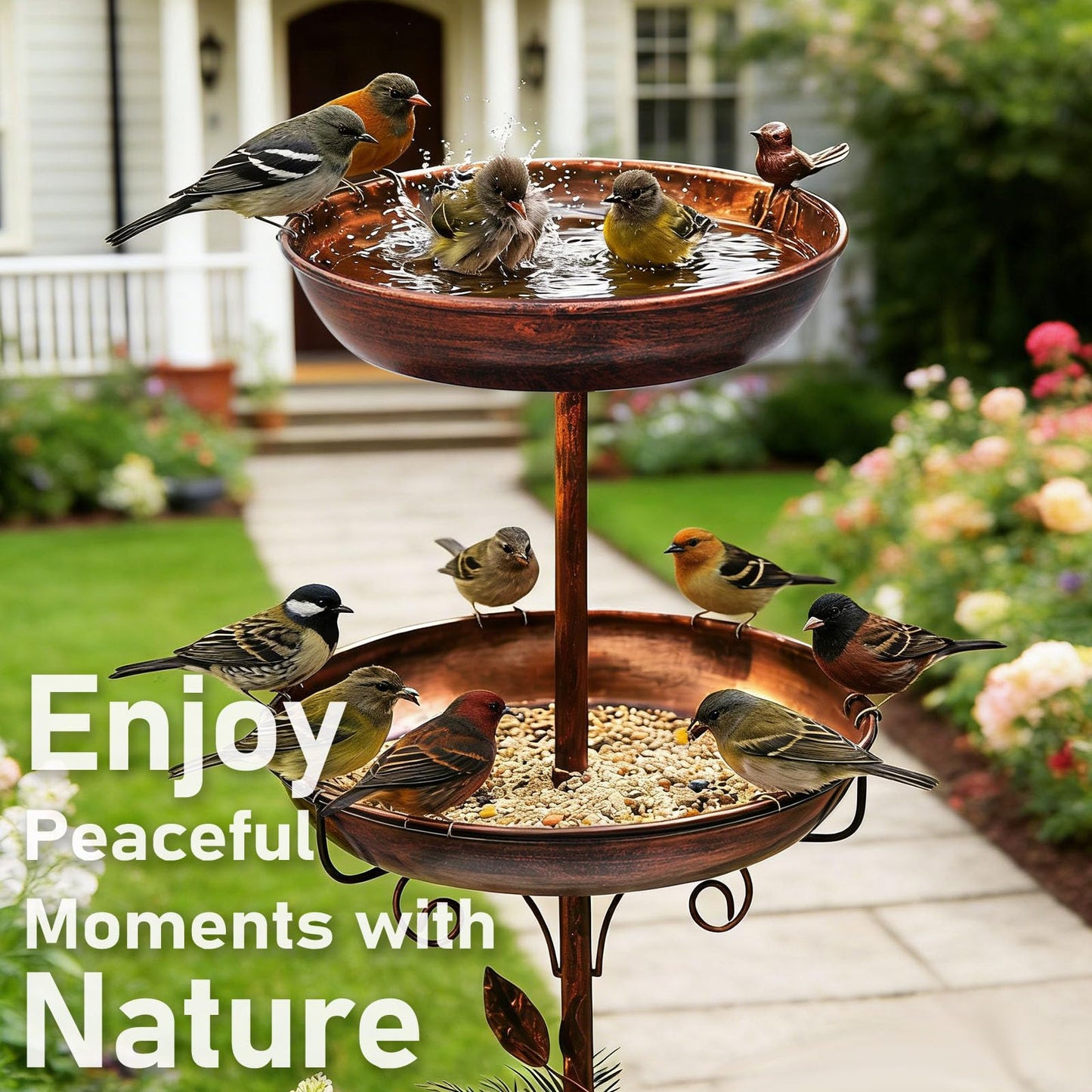 Metal Bird Bath for Garden – 42in 2-in-1 Birdfeeder & Birdbath with Bird & Leaf Design, Double Bowls, Upgraded 5-Prong Base — Bird Baths for Garden Patio Yard Lawn Decor