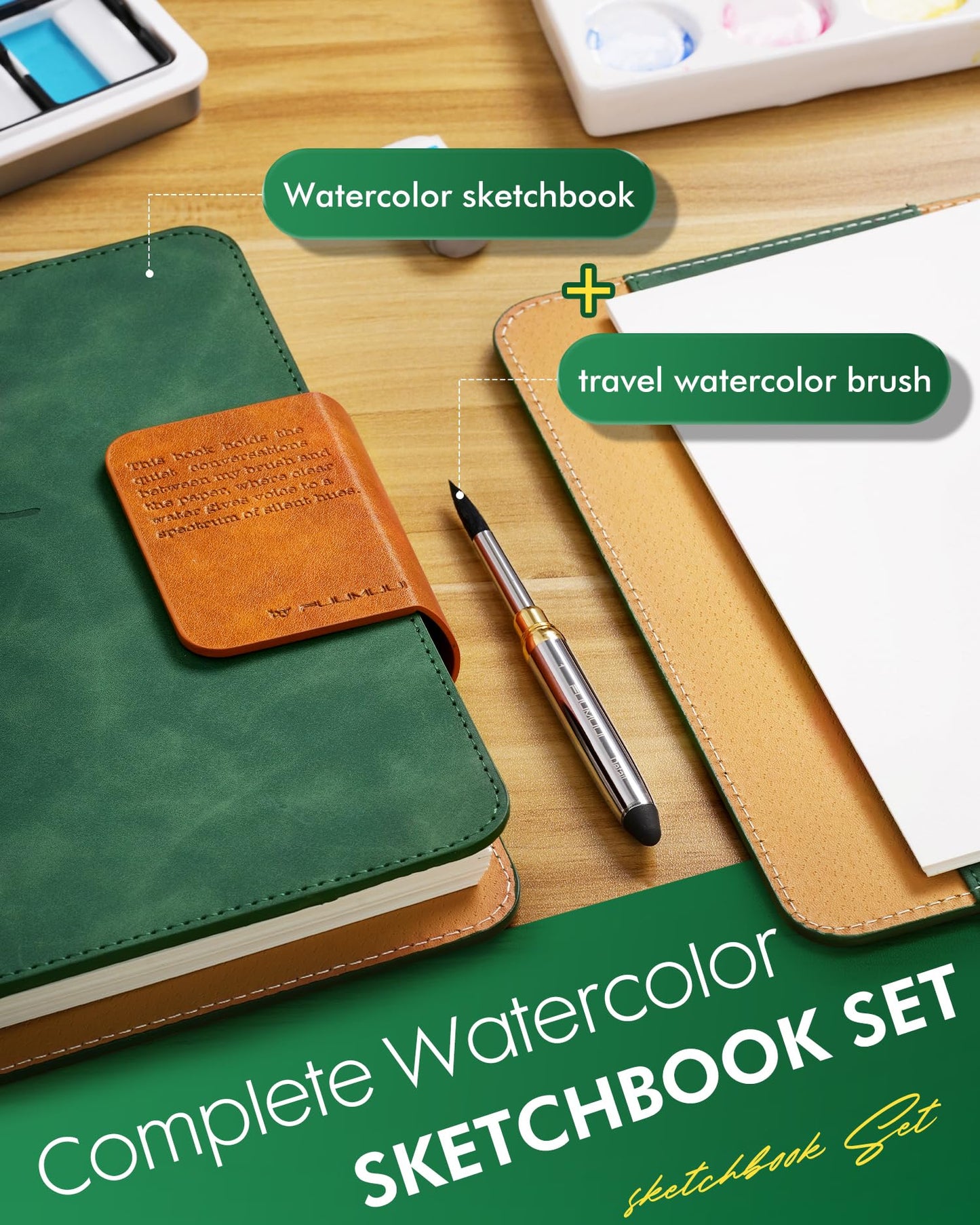 Fuumuui Watercolour Journal 6.5"x9.1", 100% Cotton Watercolour Paper Pad 140LB/300GSM, Cold Pressed 20 Sheets Travel Watercolor Sketchbook with Travel Brush for Art Painting, Drawing, Mixed Media