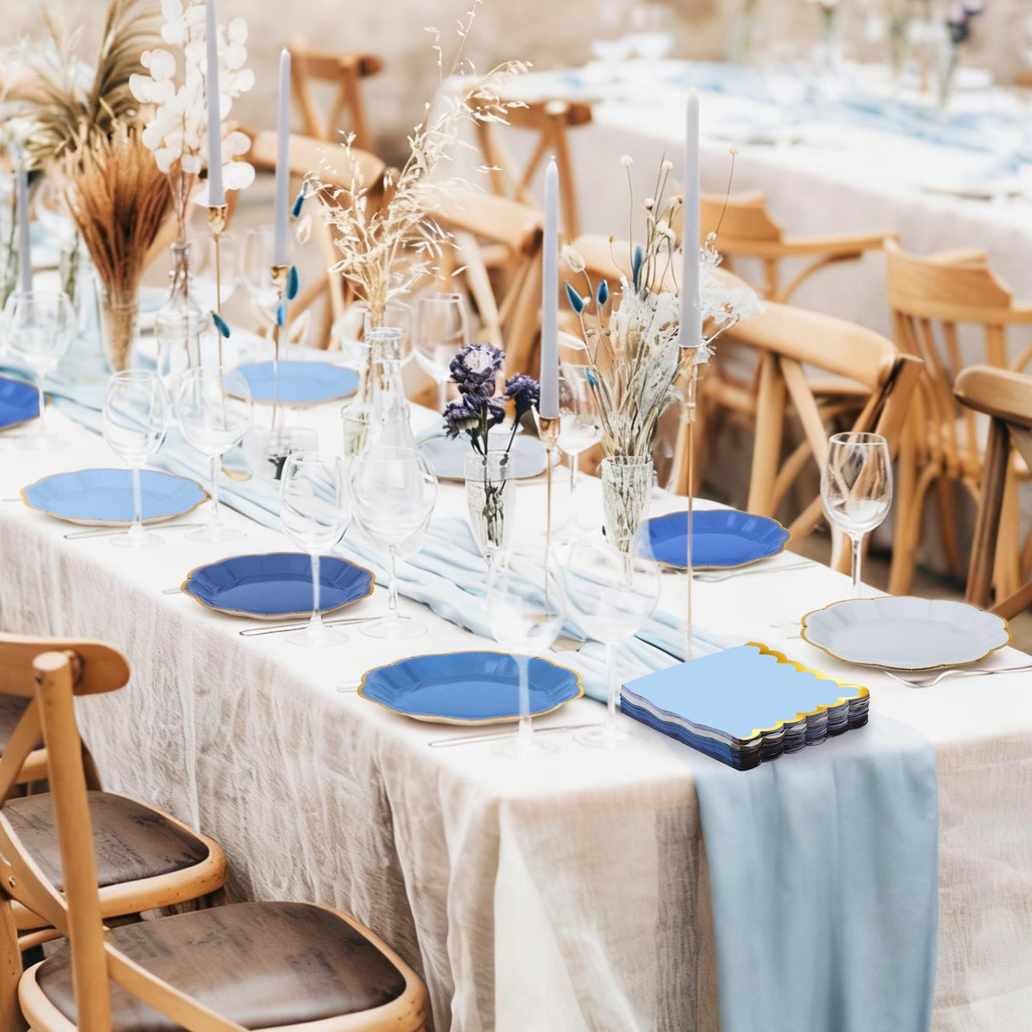 Kochorie 100 Pcs Dusty Blue Paper Plates and Napkins Gold Foil Scalloped Paper Plates & Napkins Disposable Tableware Set for Birthday Wedding Baby Shower Party Decorations