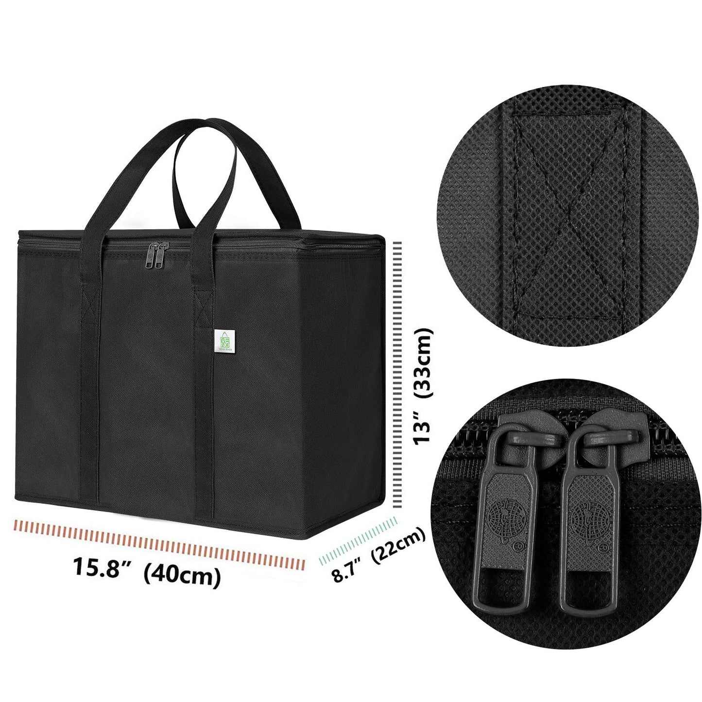 VENO 2 Pack Insulated Reusable Grocery Bag, Food Delivery Bag, Durable, Heavy Duty, Large Size, Stands Upright, Collapsible, Sturdy Zipper, Reusable and Sustainable (Black, 2 Pack)