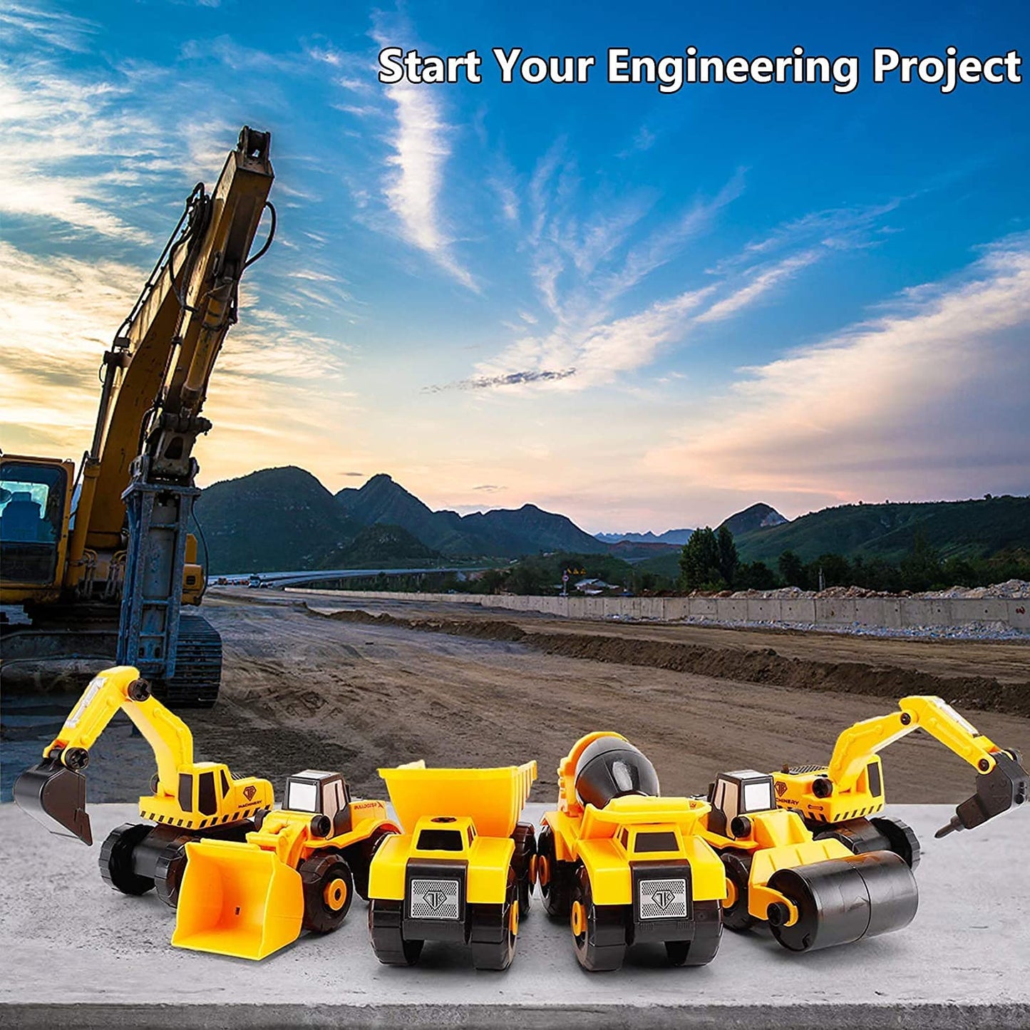 TEUVO Take Apart Truck Car Toys with Electric Drill, Construction Vehicles Building Excavator Toy STEM Trucks Vehicle Set for Kids, DIY Educational Gifts for Kids Ages 3 4 5 Boys Girls