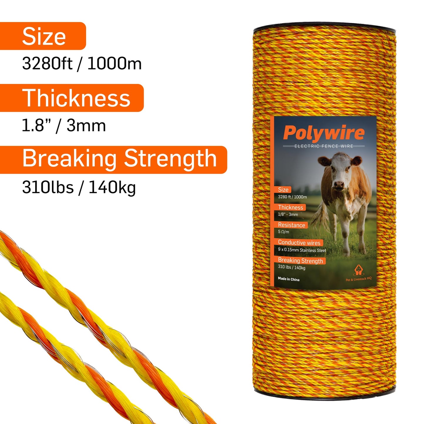 Electric Fence Polywire 3mm with 9 Stainless Steel Strands - High Visible Wire Fencing for Horse, Cattle, Livestock - Portable Fencing with UV and Rust Resistance (3280ft / 1000m)