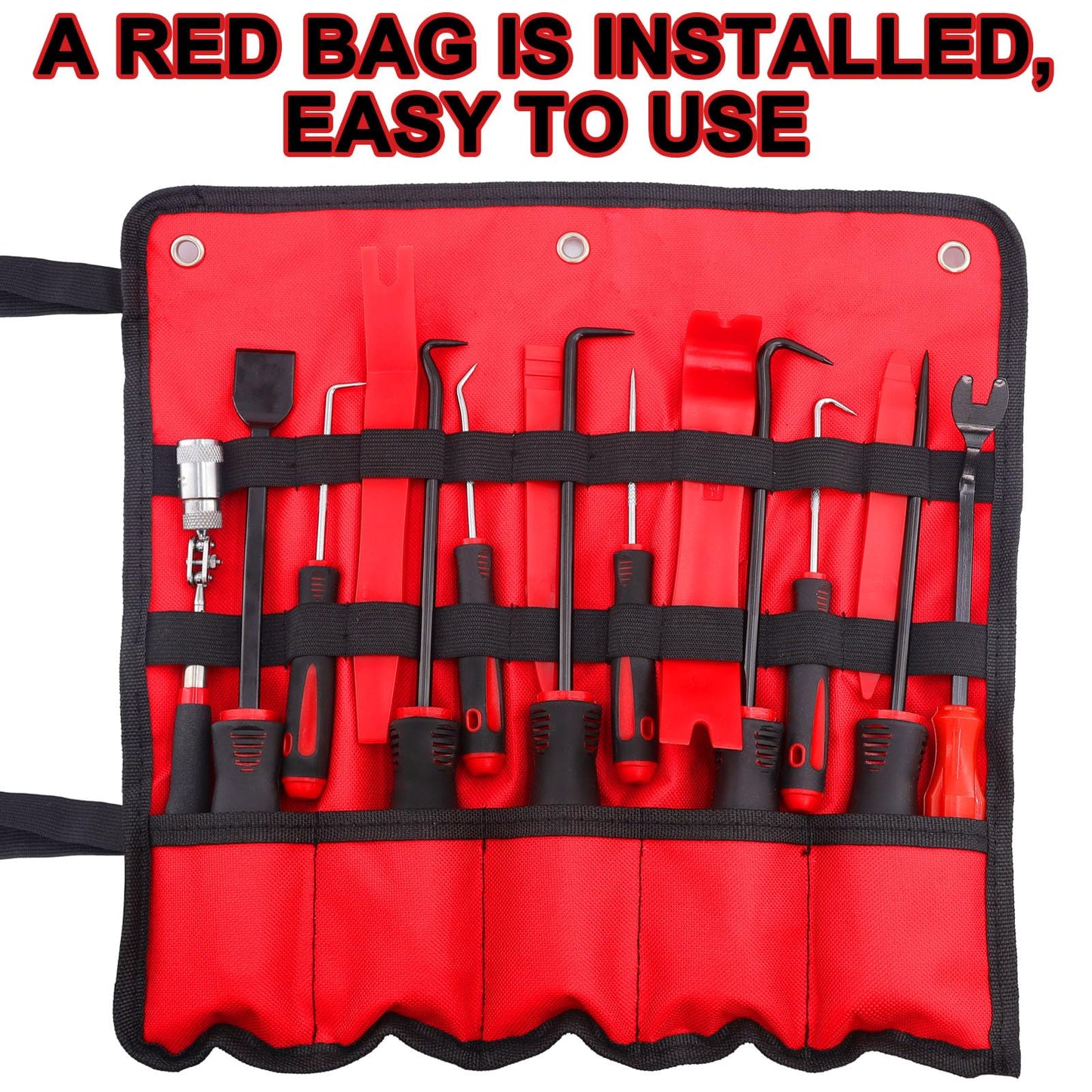 KEZE 15Pcs Carbon Steel Precision Pick & Hook and Trim Removal Tool Set with Scraper and Magnetic Telescoping Tool Kit for Remove Automotive Electronics Maintenance Hoses Gasket Hand Pick Up Tools
