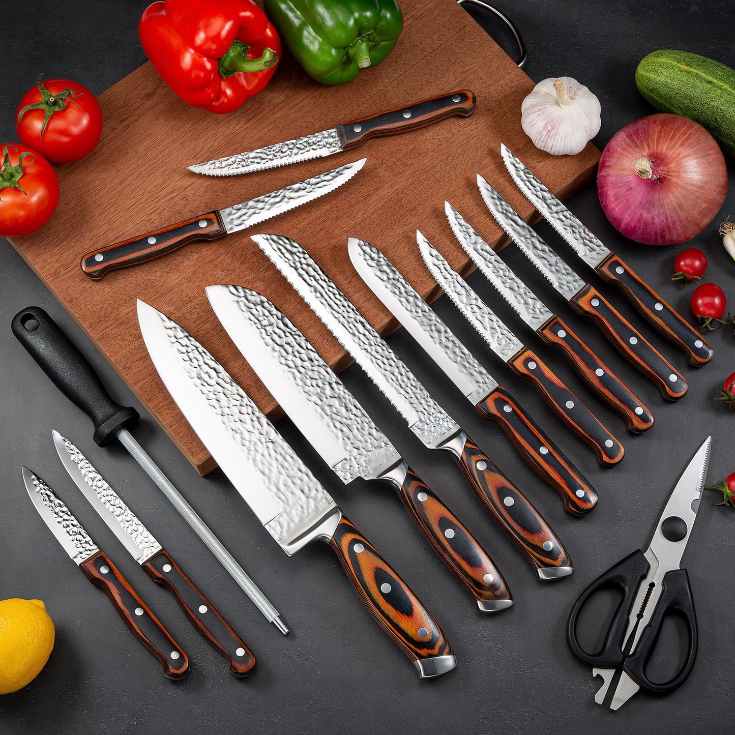 Kitchen Knife Sets with Block, 15-Piece High Carbon Stainless Steel Knife Block Set with Sharpener, Ultra-Sharp Kitchen Knives with Triple Rivet Wood Handle Perfect for Cooking Cut
