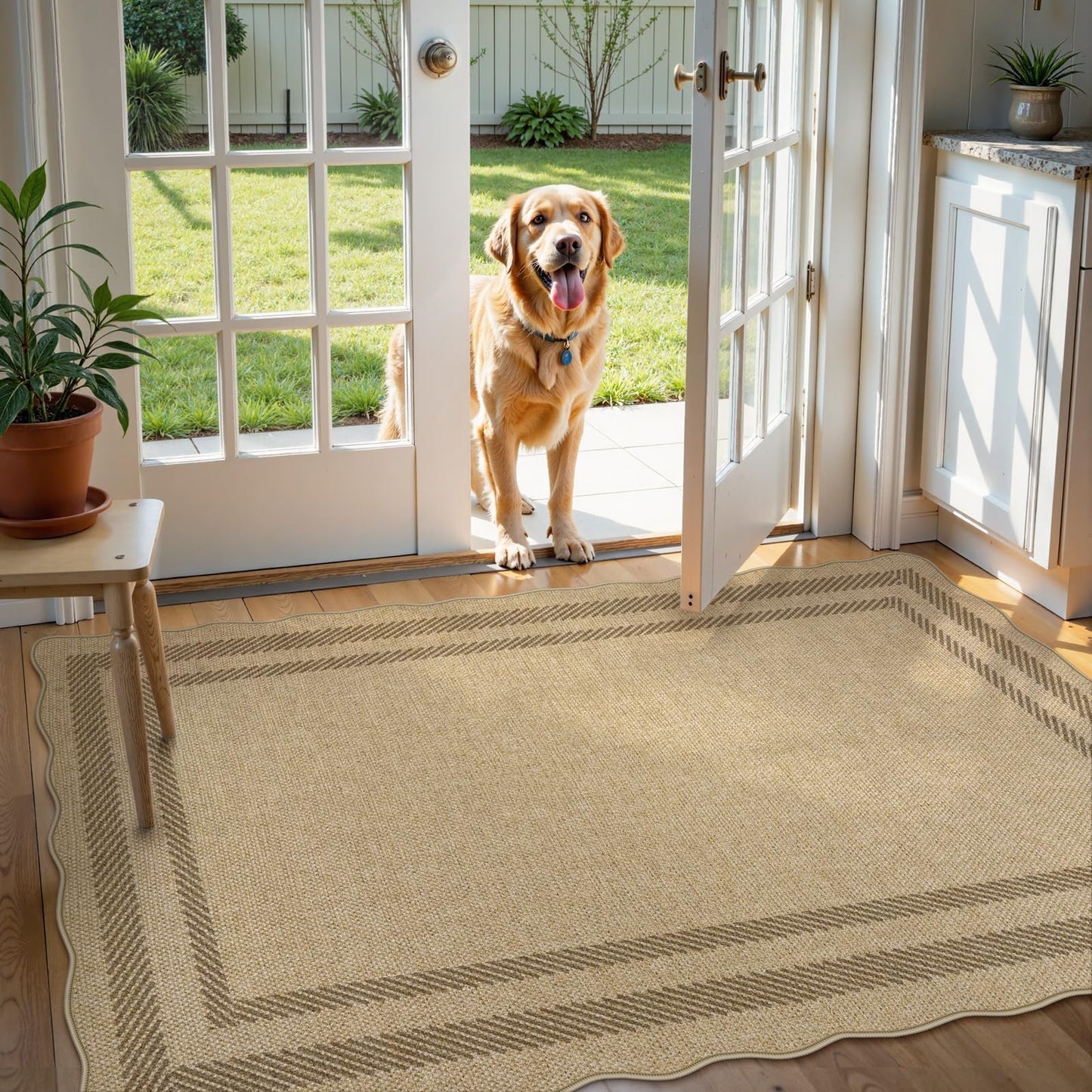 LIVEBOX Farmhouse Washable 3x5 Kitchen Rug, Easy Jute Geometri Tan Rugs for Entryway, Indoor Outdoor Scalloped Rug Boho Morden Carpet Door Mat Area Rug for Bedroom Laundry Room Hallway