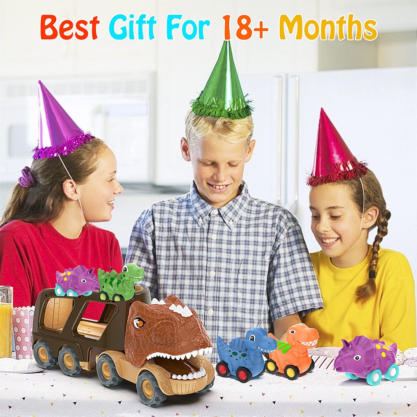 Dinosaur Truck Toy Car for Kids, Friction Power Carrier Vehicle with 4 Pack Small Pull Back Dino Car, Christmas Birthday Gift for 18M+ 2 3 4 5 Years Old Boys Toddlers