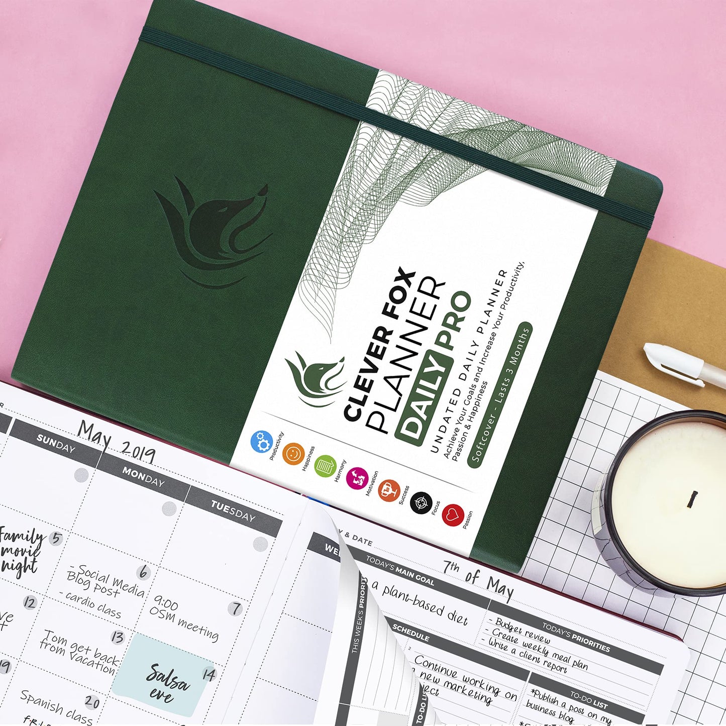 Clever Fox Planner Daily PRO - 8.5 x 11" A4 Size Daily Life Planner and Gratitude Journal to Increase Productivity, Time Management and Hit Your Goals - Undated - Lasts 3 Months (Forest Green)
